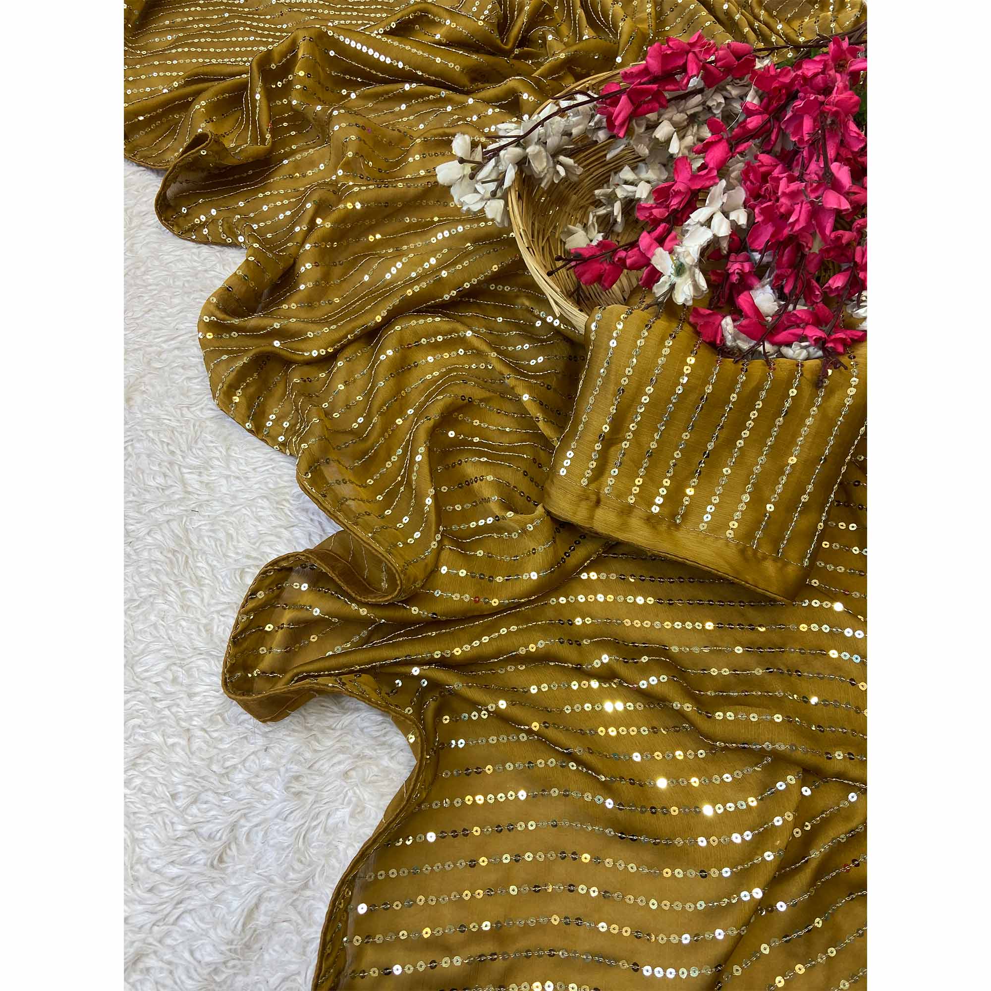 Mustard Satin Saree With Shimmering Striped Sequins Embroidered Detailing