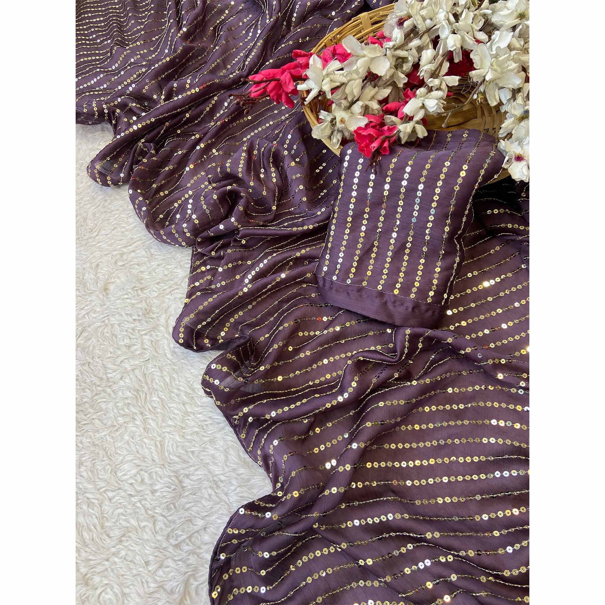 Purple Satin Saree With Shimmering Striped Sequins Embroidered Detailing