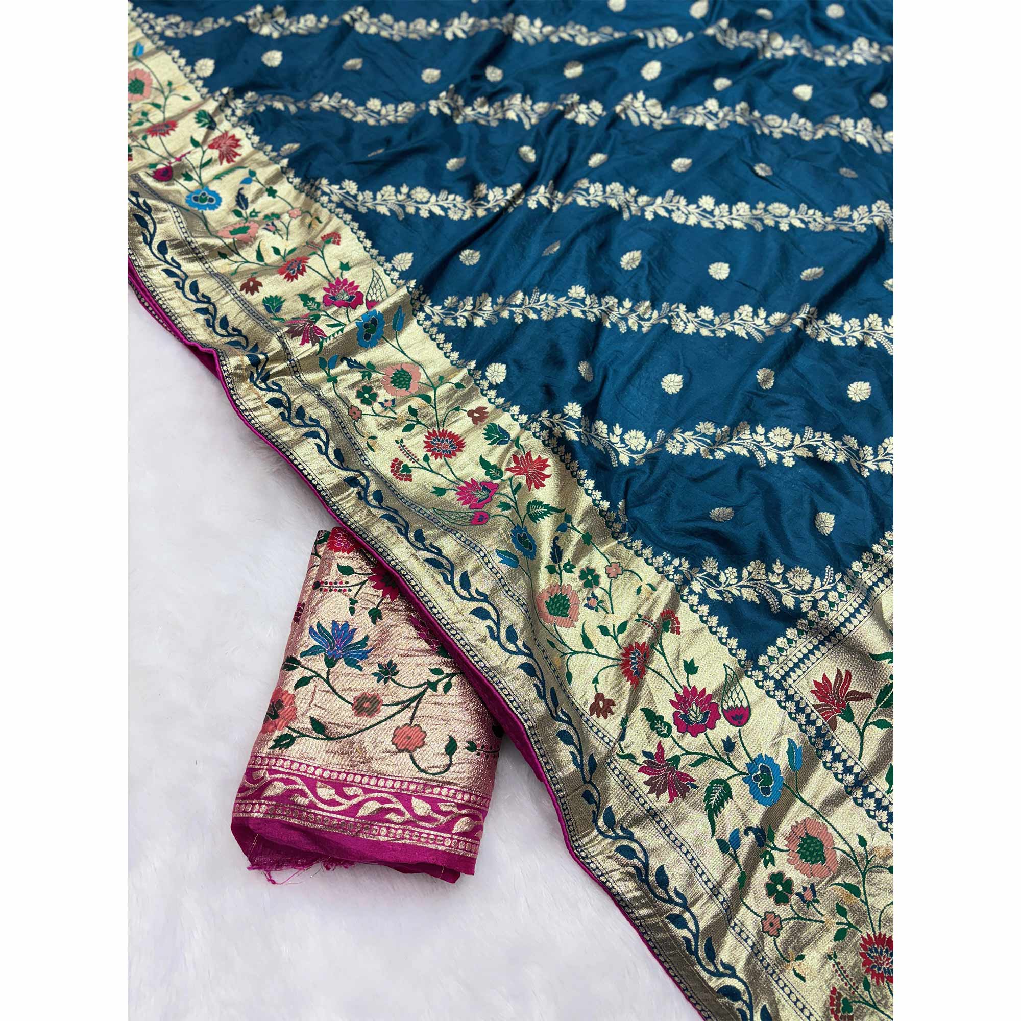 Blue Dola Silk Saree With Rich Floral Zari Weaving & Classic Elegance