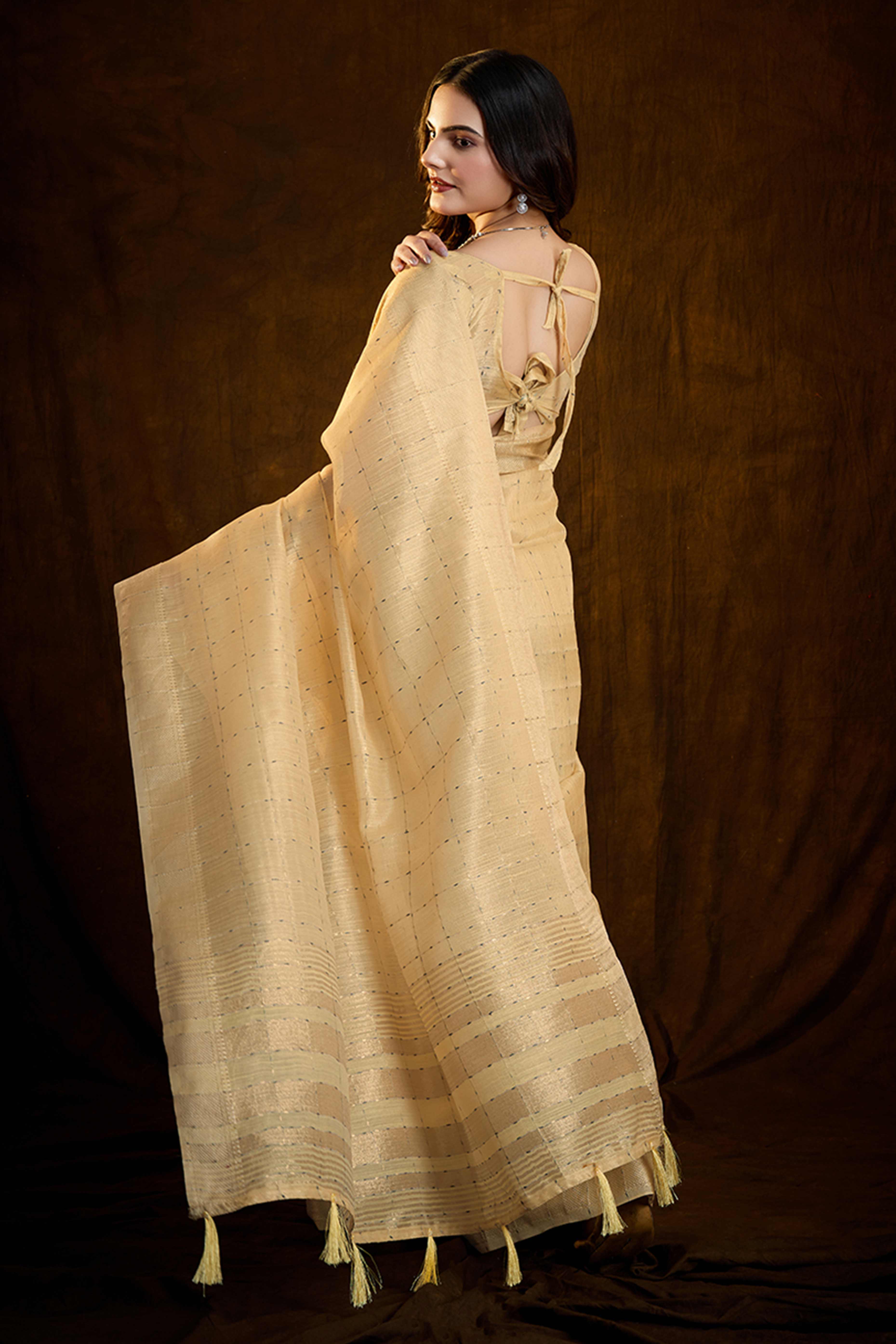 Yellow Cotton Silk Saree with Rich Zari Weaving in Checkered Style