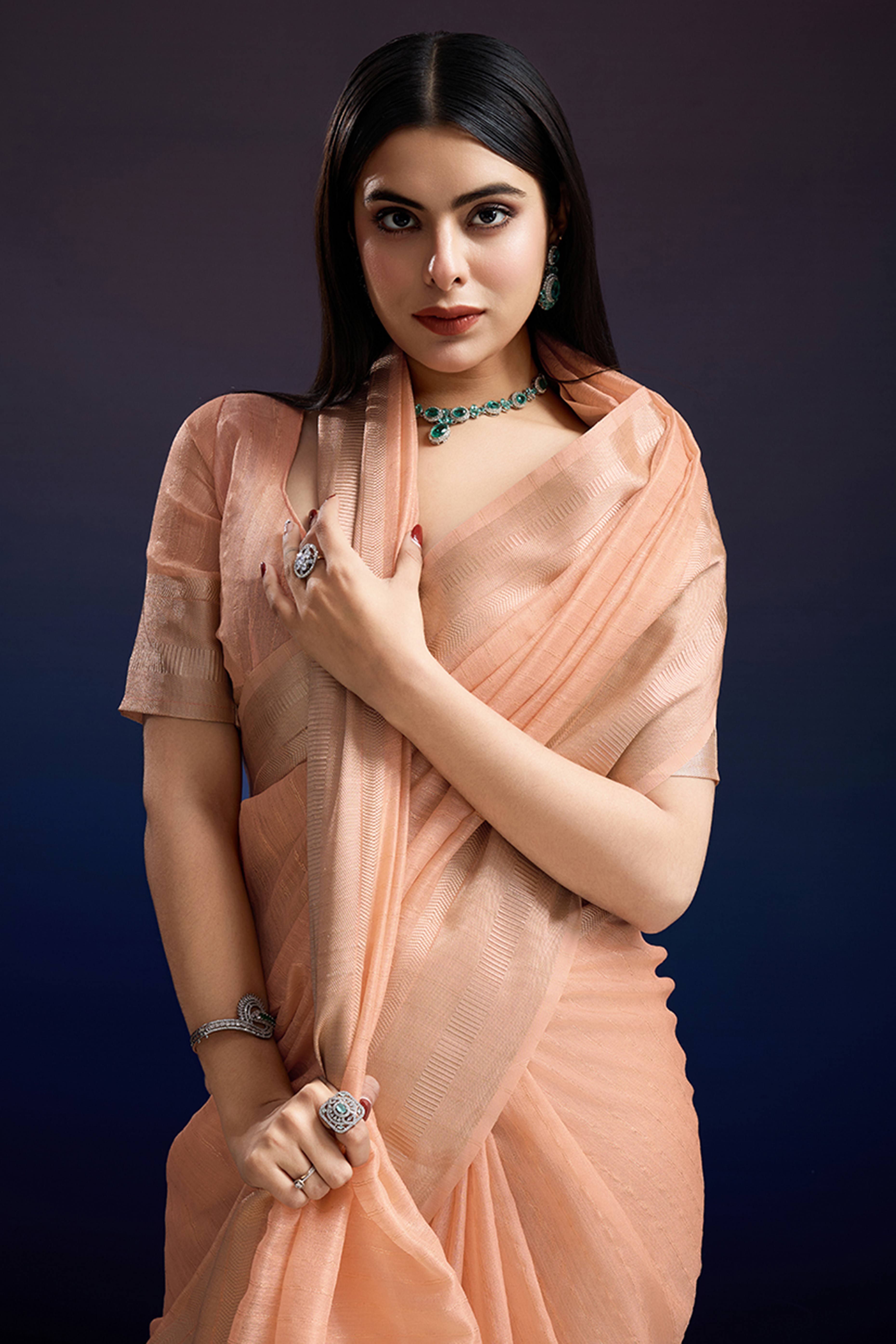 Festive Wear Peach Zari Woven Saree in Pure Linen Fabric