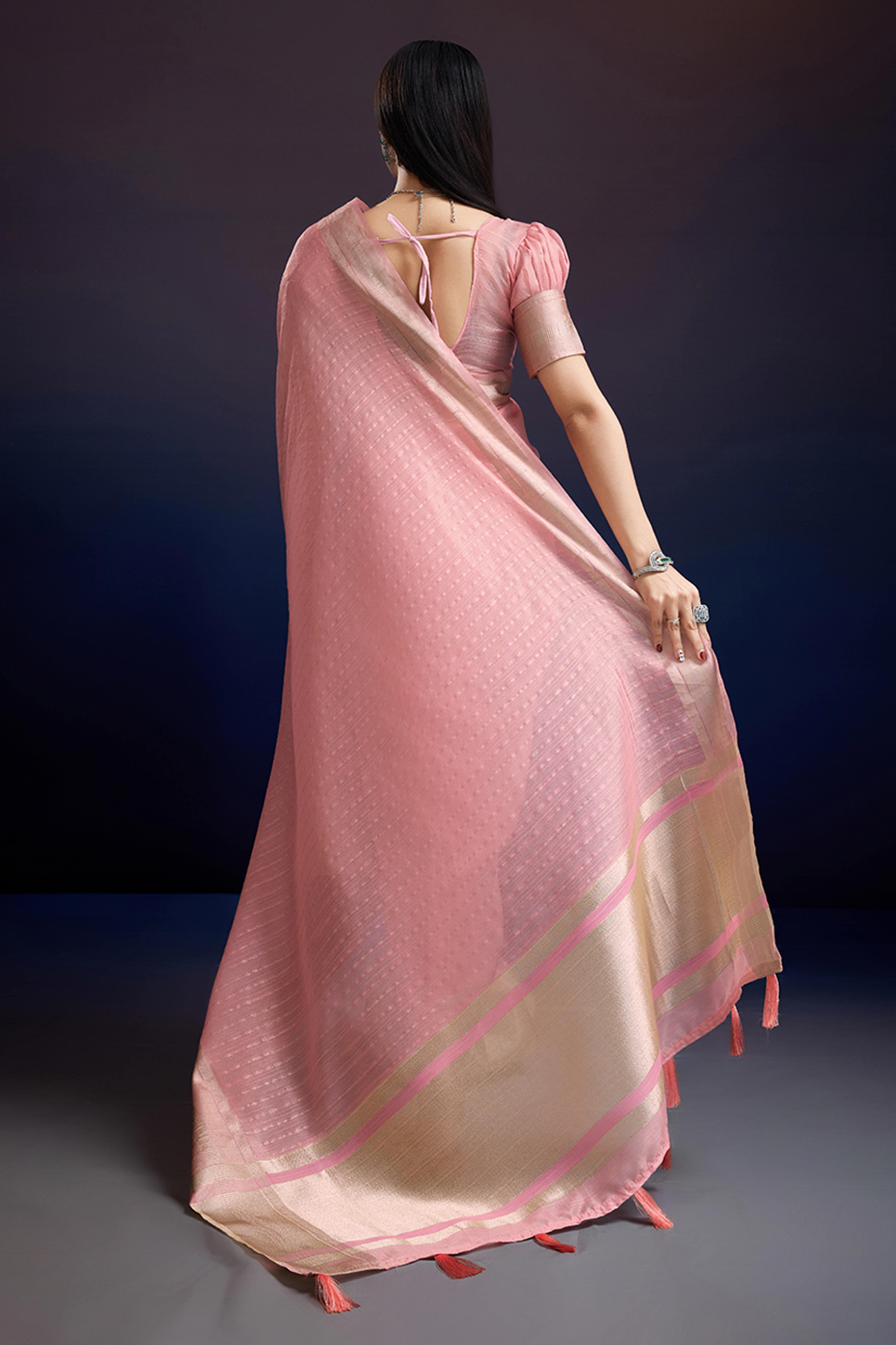 Festive Wear Pink Zari Woven Saree in Pure Linen Fabric