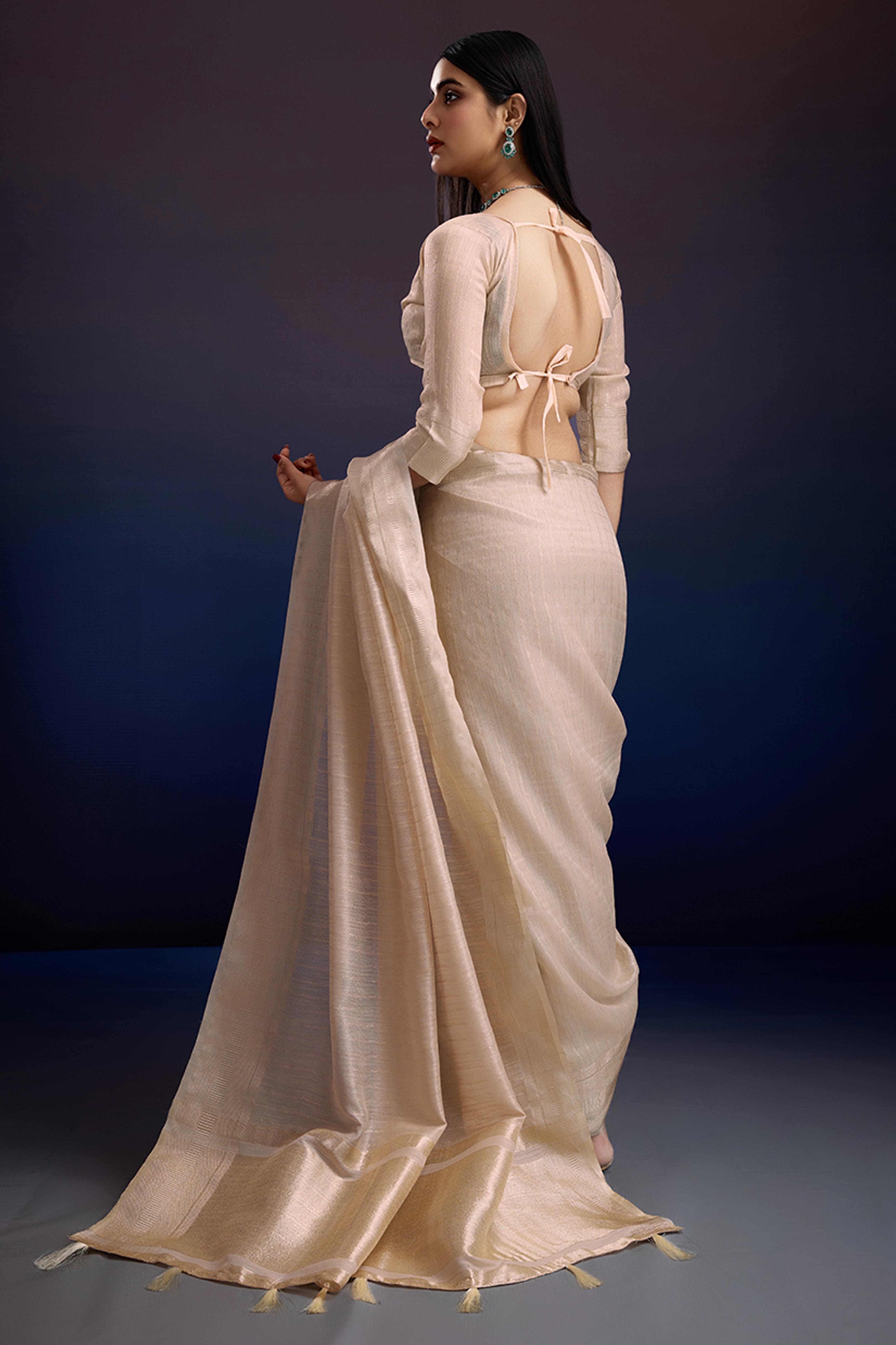 Festive Wear Beige Zari Woven Saree in Pure Linen Fabric