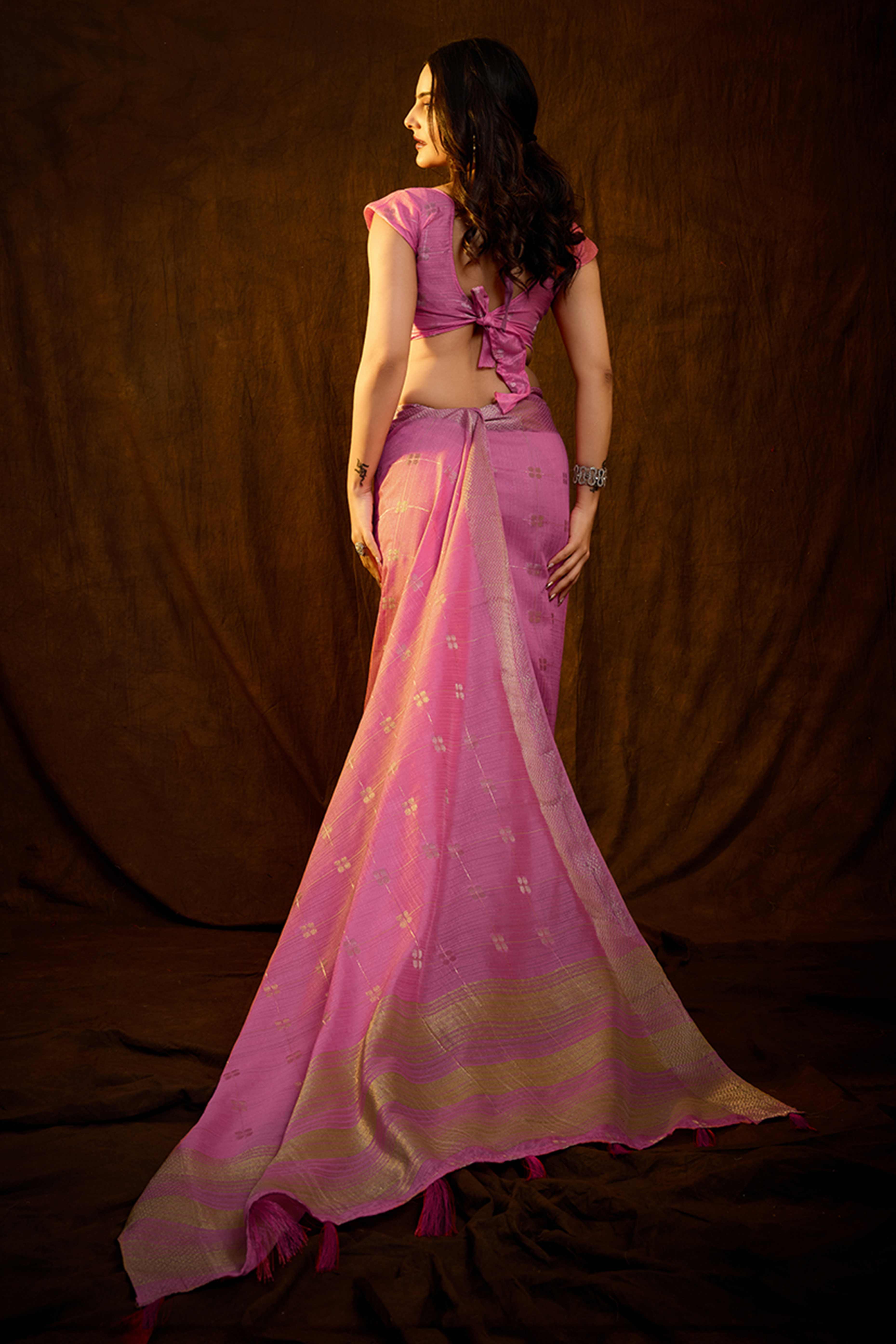 Pink Zari Woven Saree in Lustrous Cotton Silk Fabric