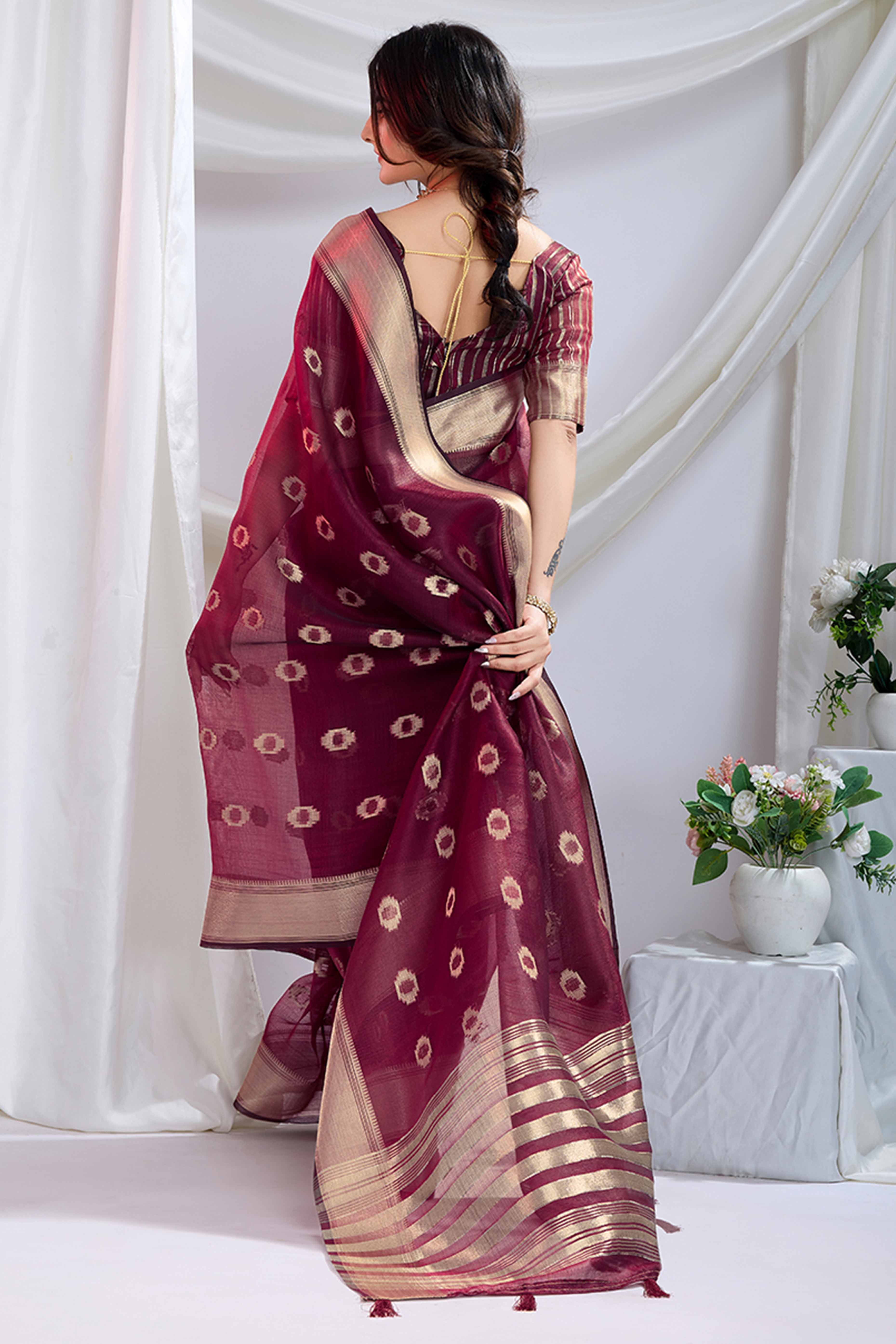 Dark Maroon Zari Butti Saree in Lightweight Tissue Fabric