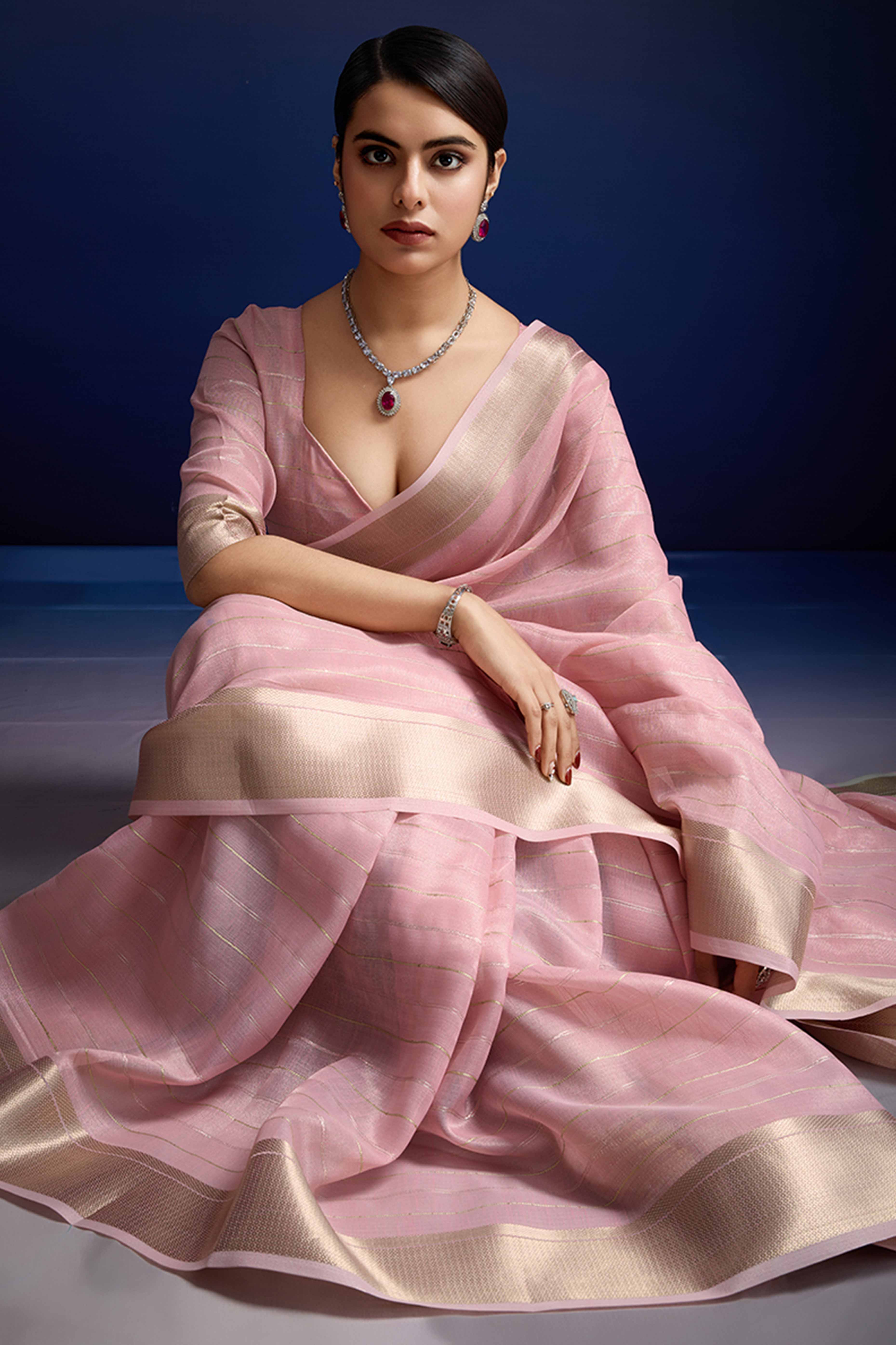 Soft Pink Pure Linen Saree with Gold Toned Zari Weave
