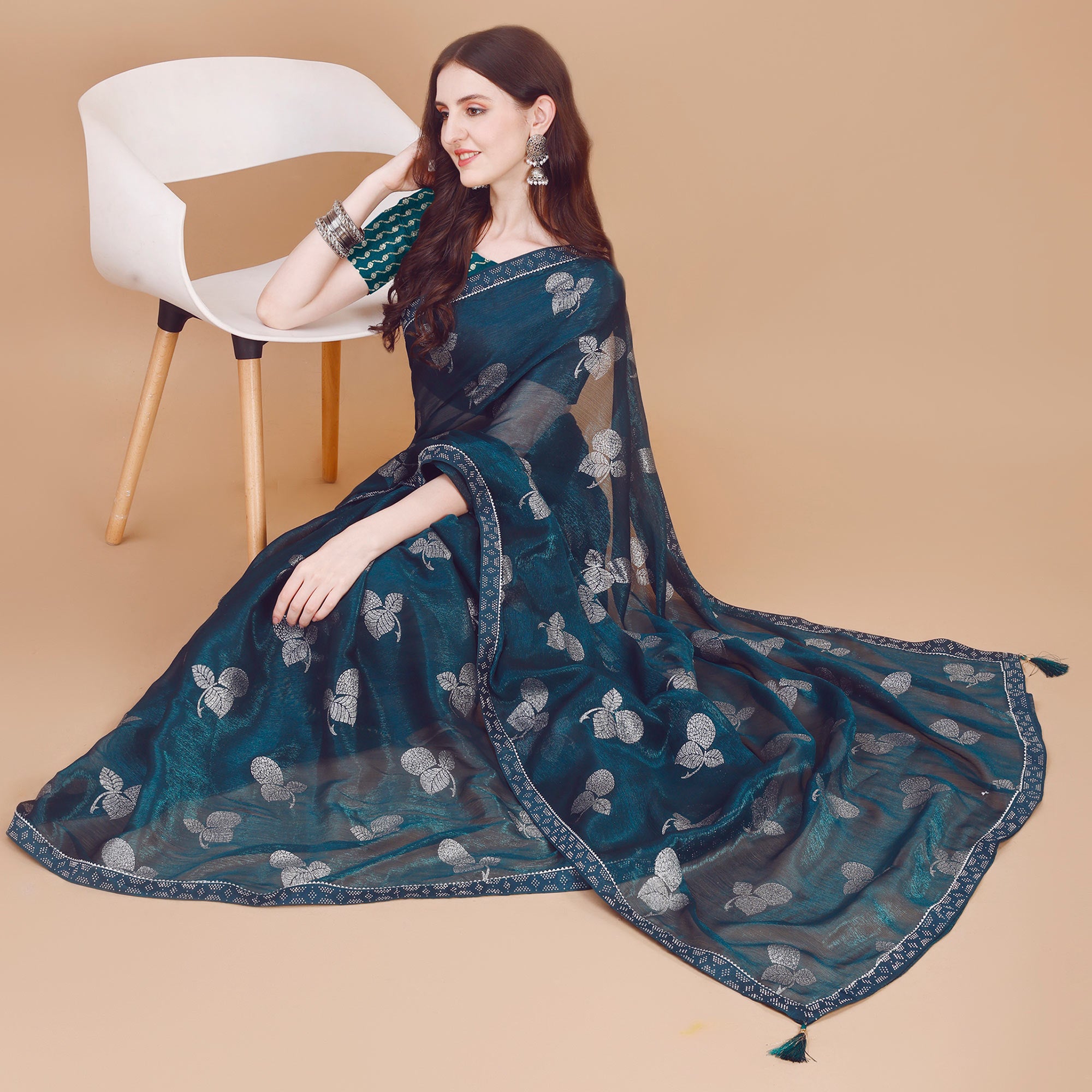 Dark Blue Floral Foil Printed Chiffon Saree