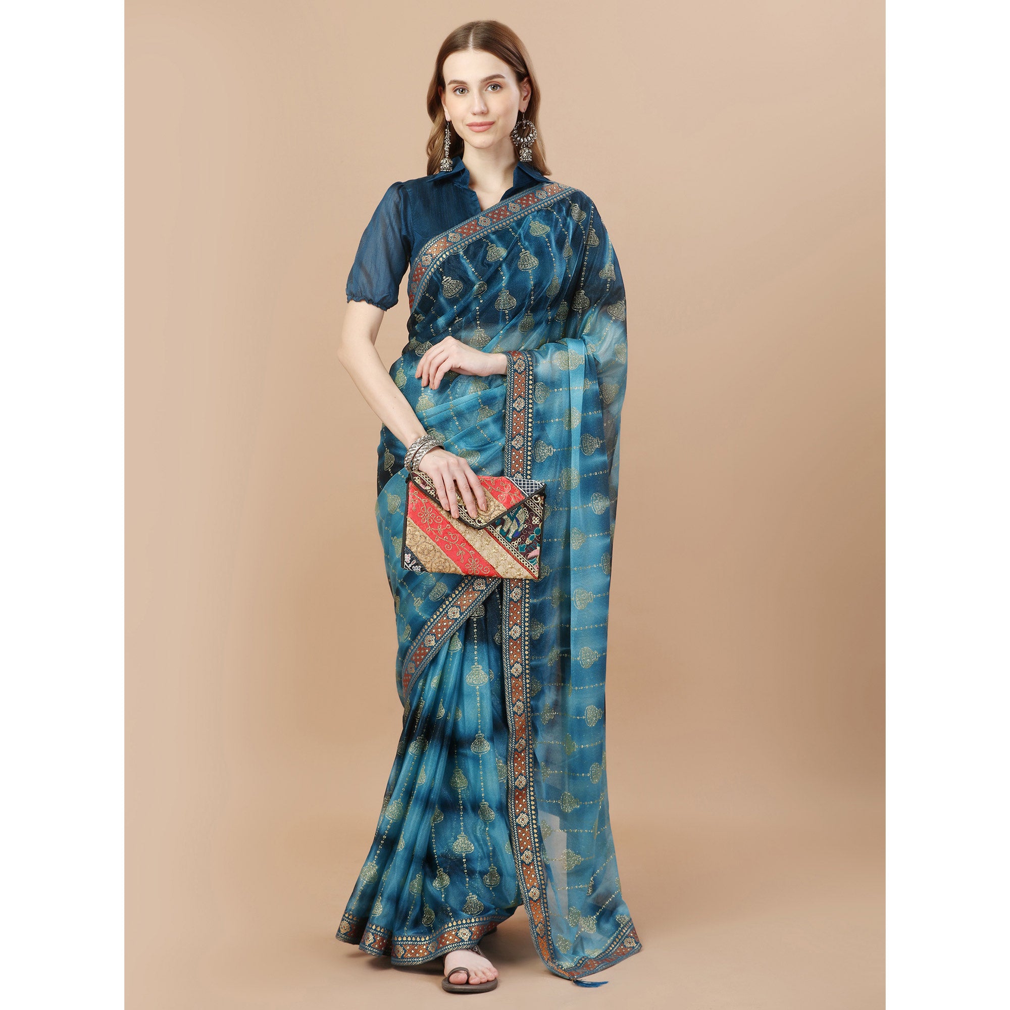 Blue Foil Printed Lycra Saree With Lace Border