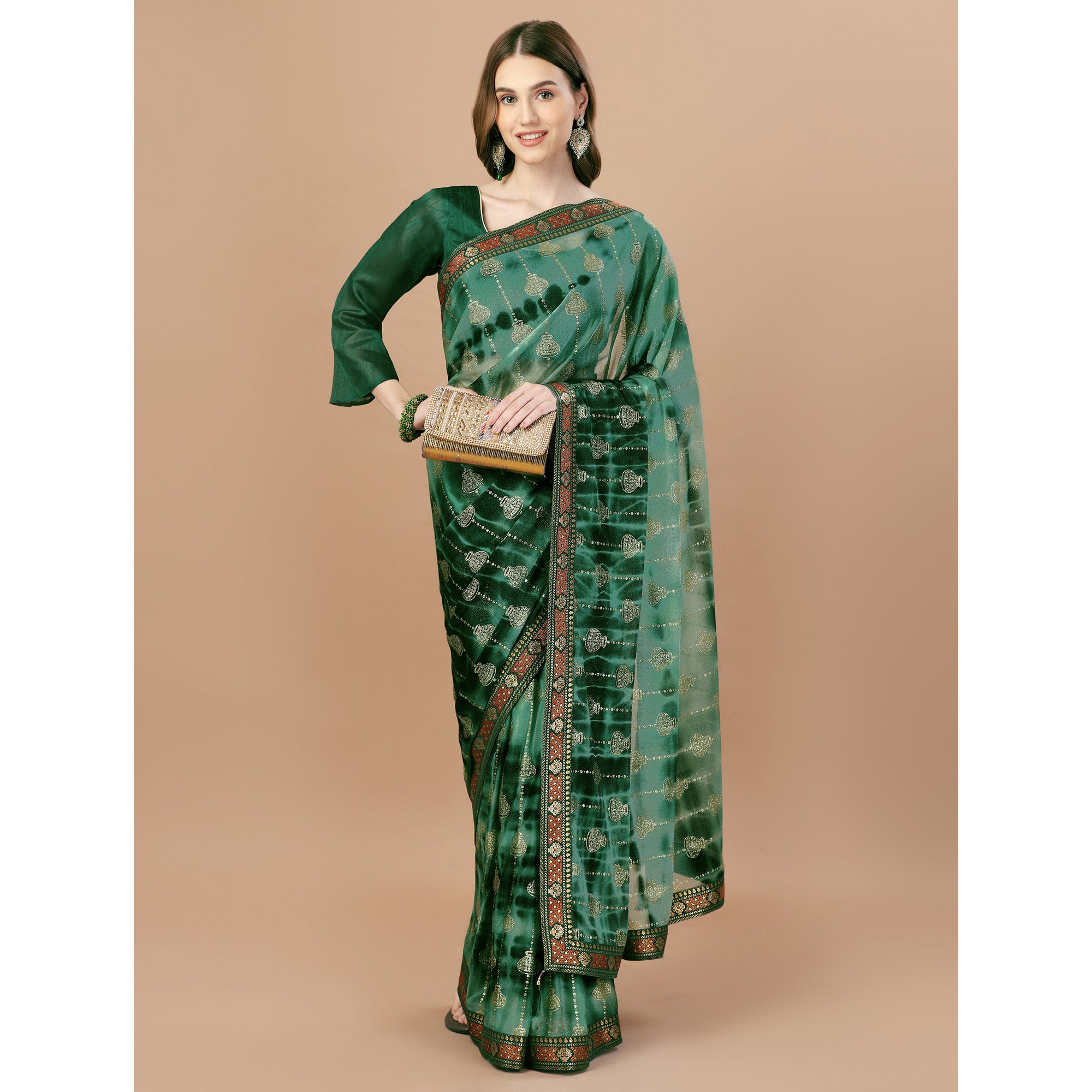 Dark Green Foil Printed Lycra Saree With Lace Border