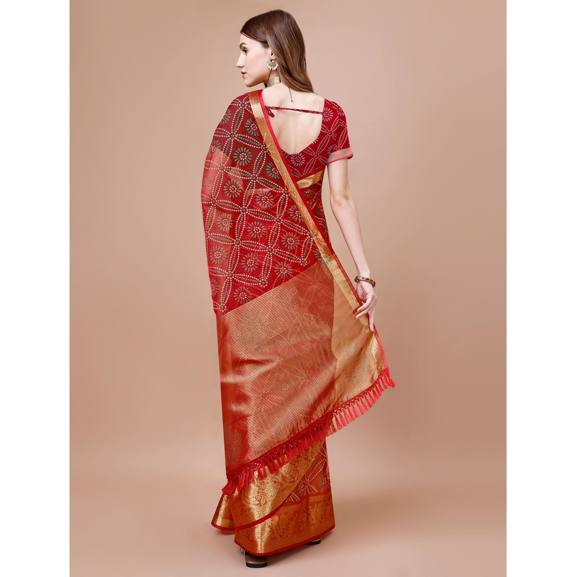 Red Bandhani Printed Organza Saree With Woven Border