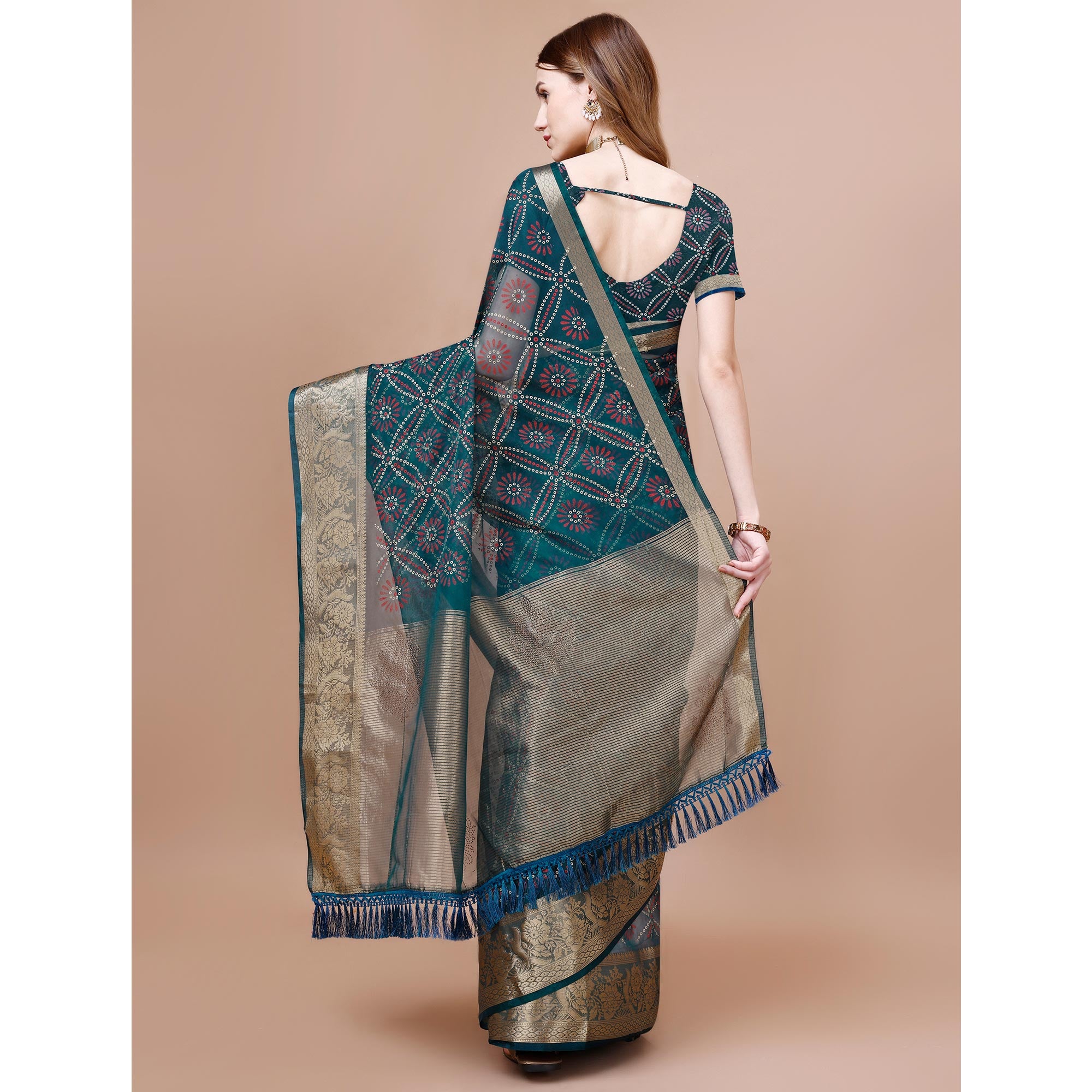 Teal Bandhani Printed Organza Saree With Woven Border