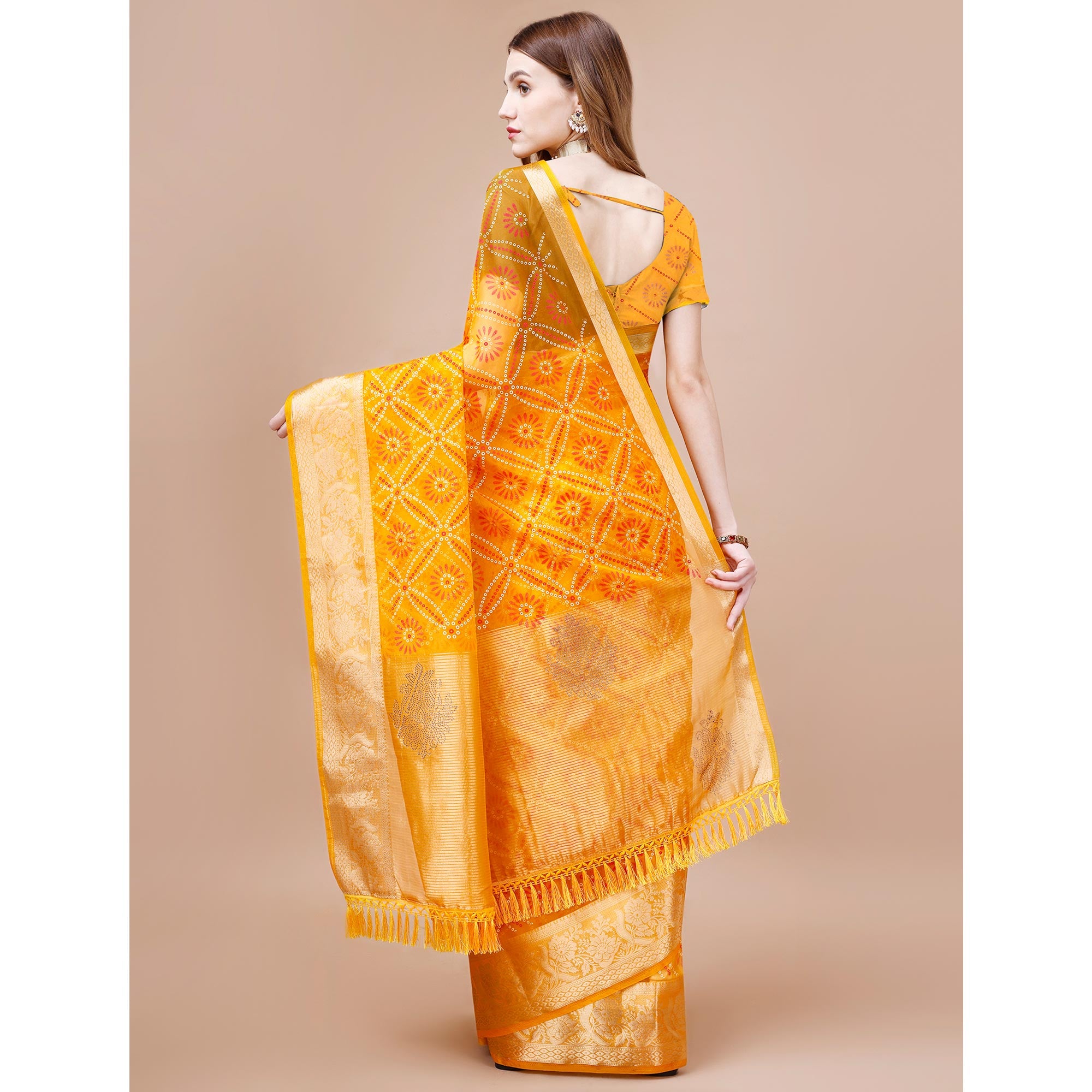 Yellow Bandhani Printed Organza Saree With Woven Border