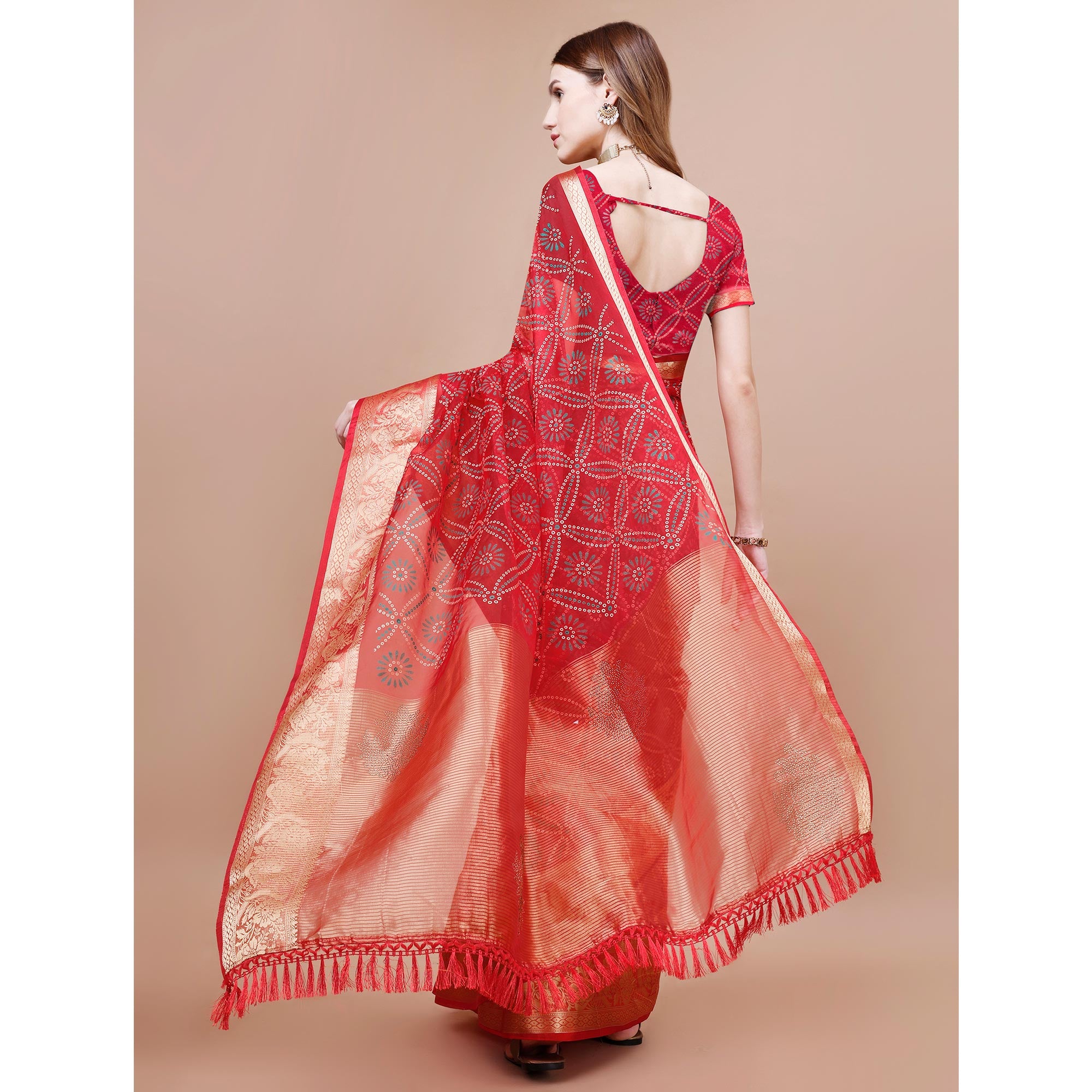 Red Bandhani Printed Organza Saree With Woven Border