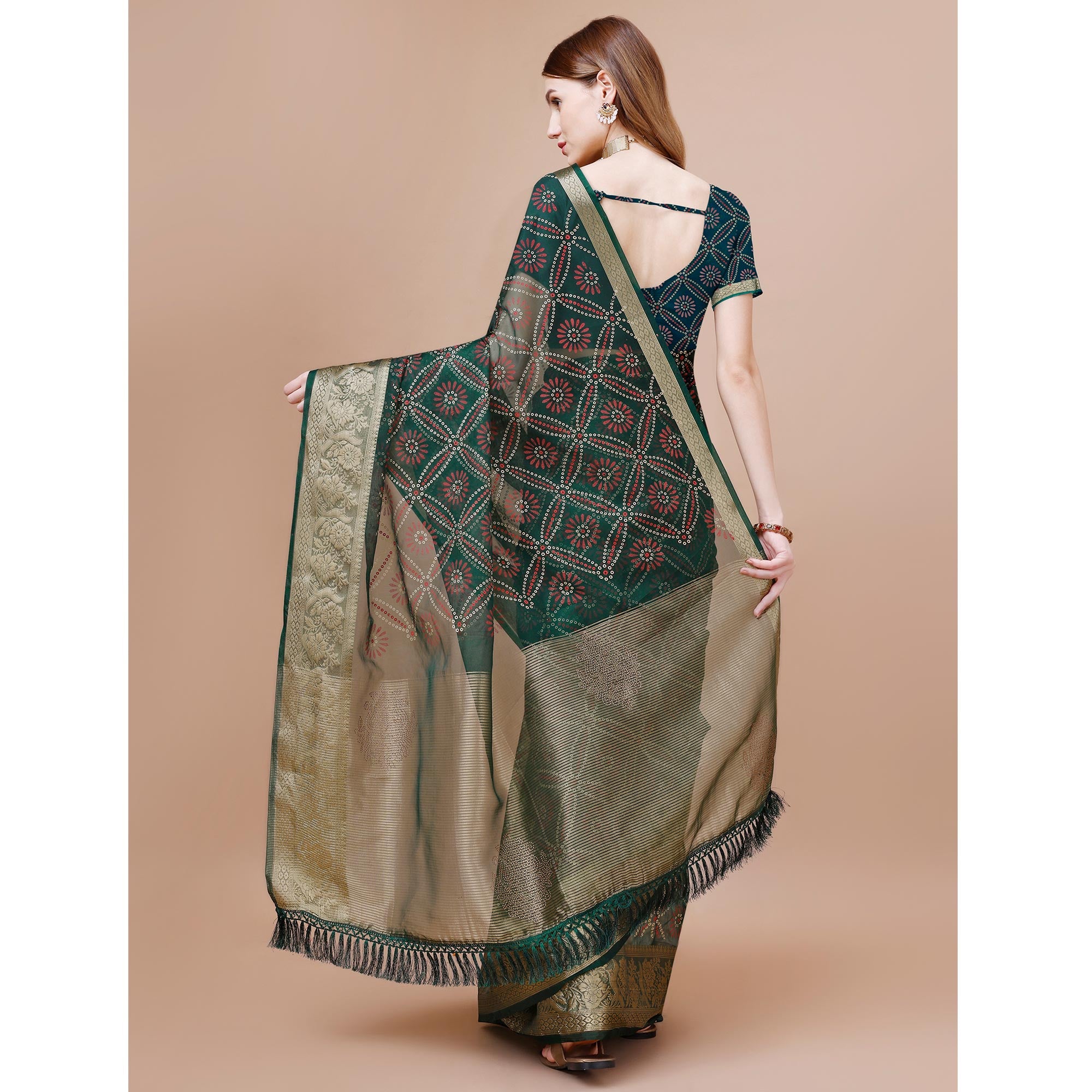 Green Bandhani Printed Organza Saree With Woven Border