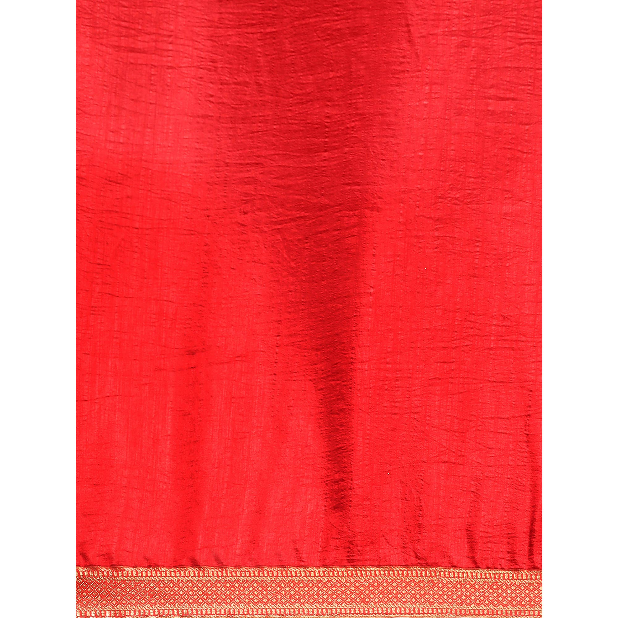 Red Solid Vichitra Silk Saree With Fancy Zari Border