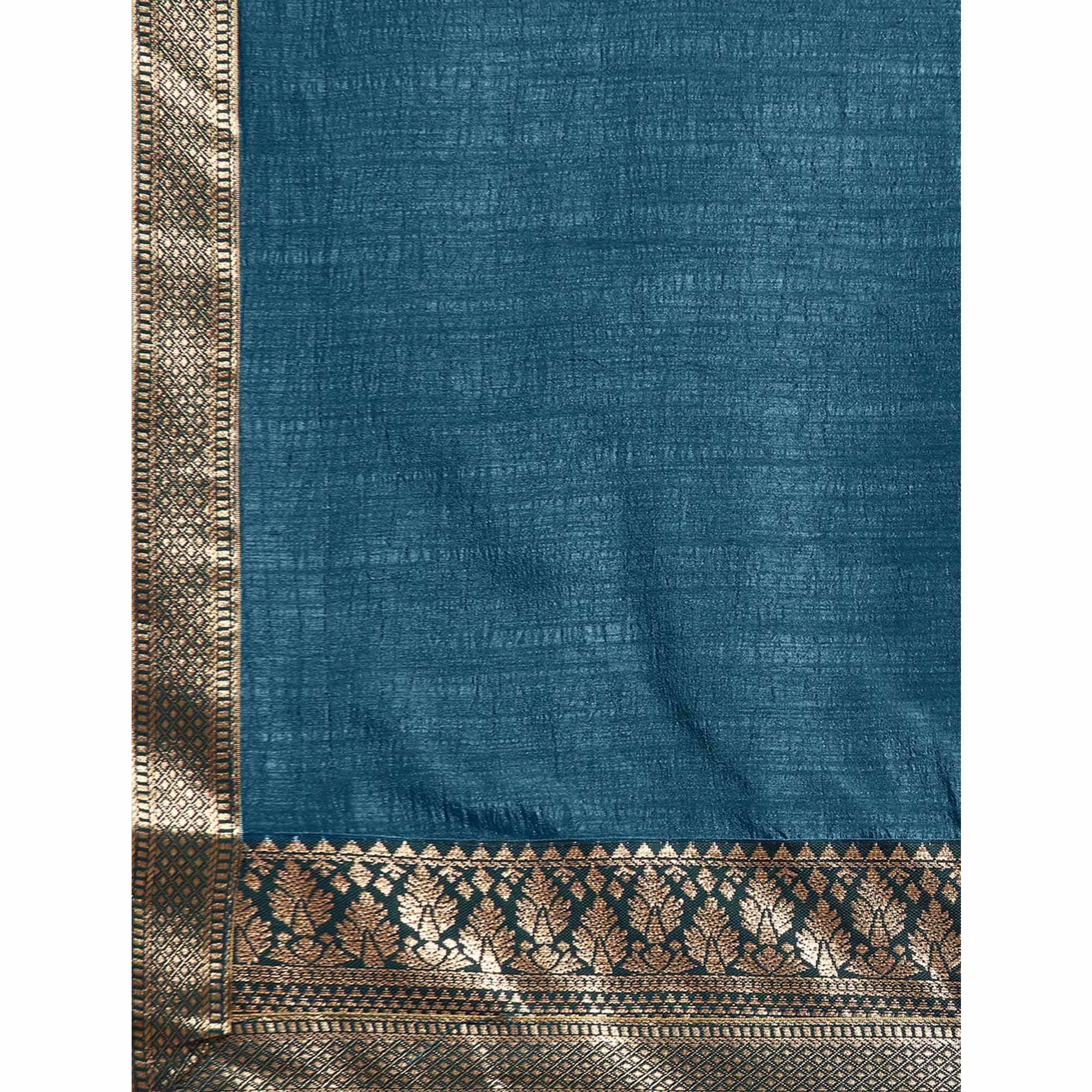 Blue Solid Vichitra Silk Saree With Fancy Zari Border