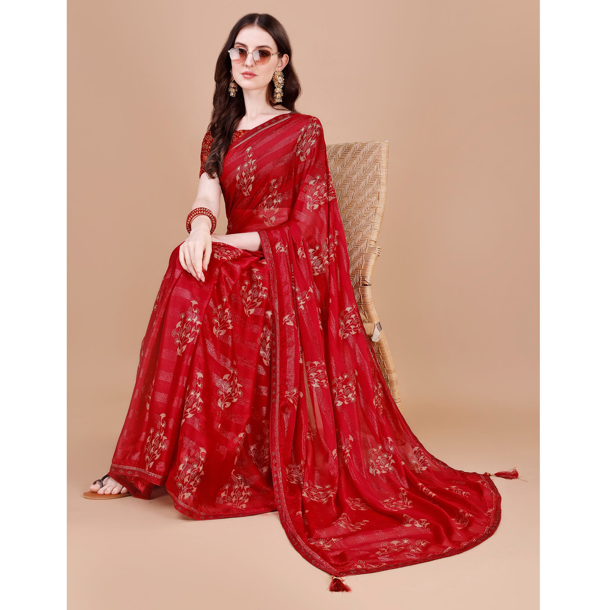 Red Foil Printed Chiffon Saree With Lace Border