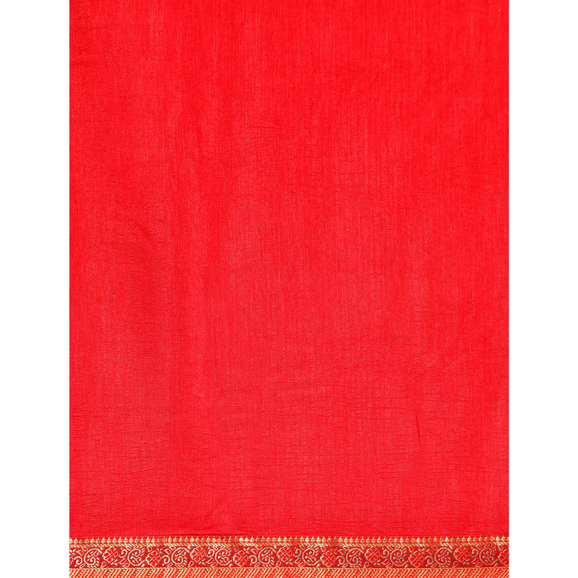 Red Swarovski Work Vichitra Silk Saree With Fancy Border