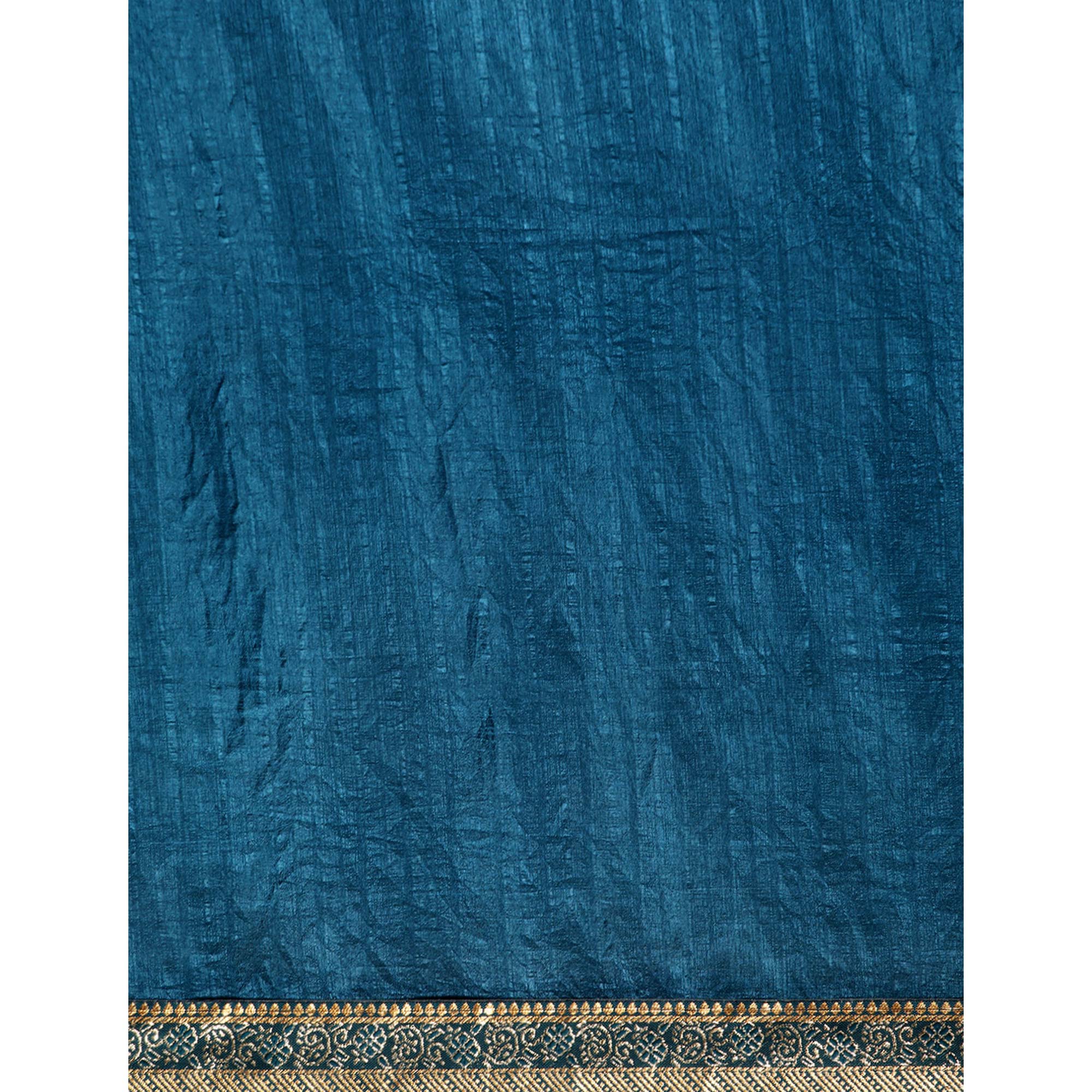 Blue Swarovski Work Vichitra Silk Saree With Fancy Border