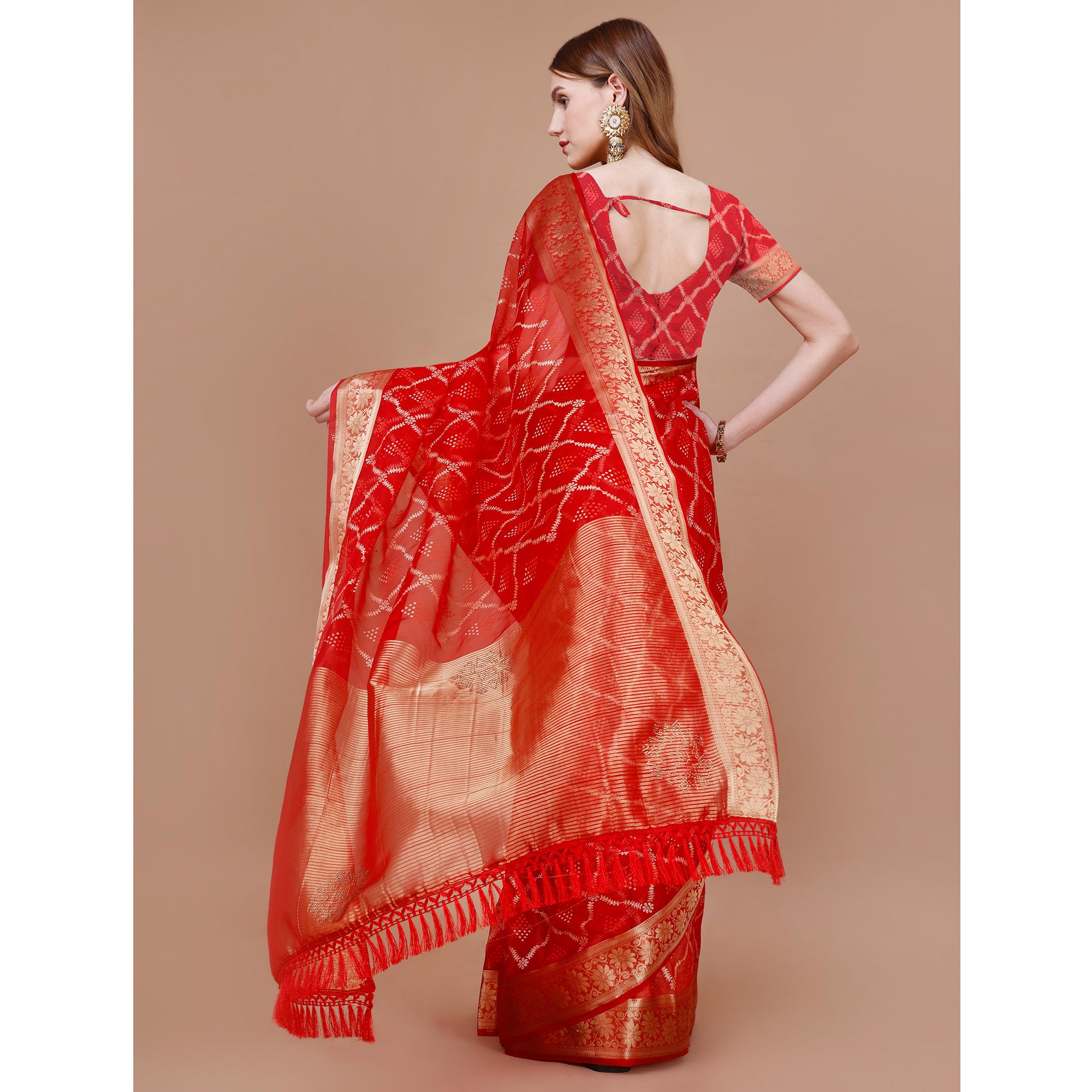 Red Bandhani Printed Organza Saree With Woven Border