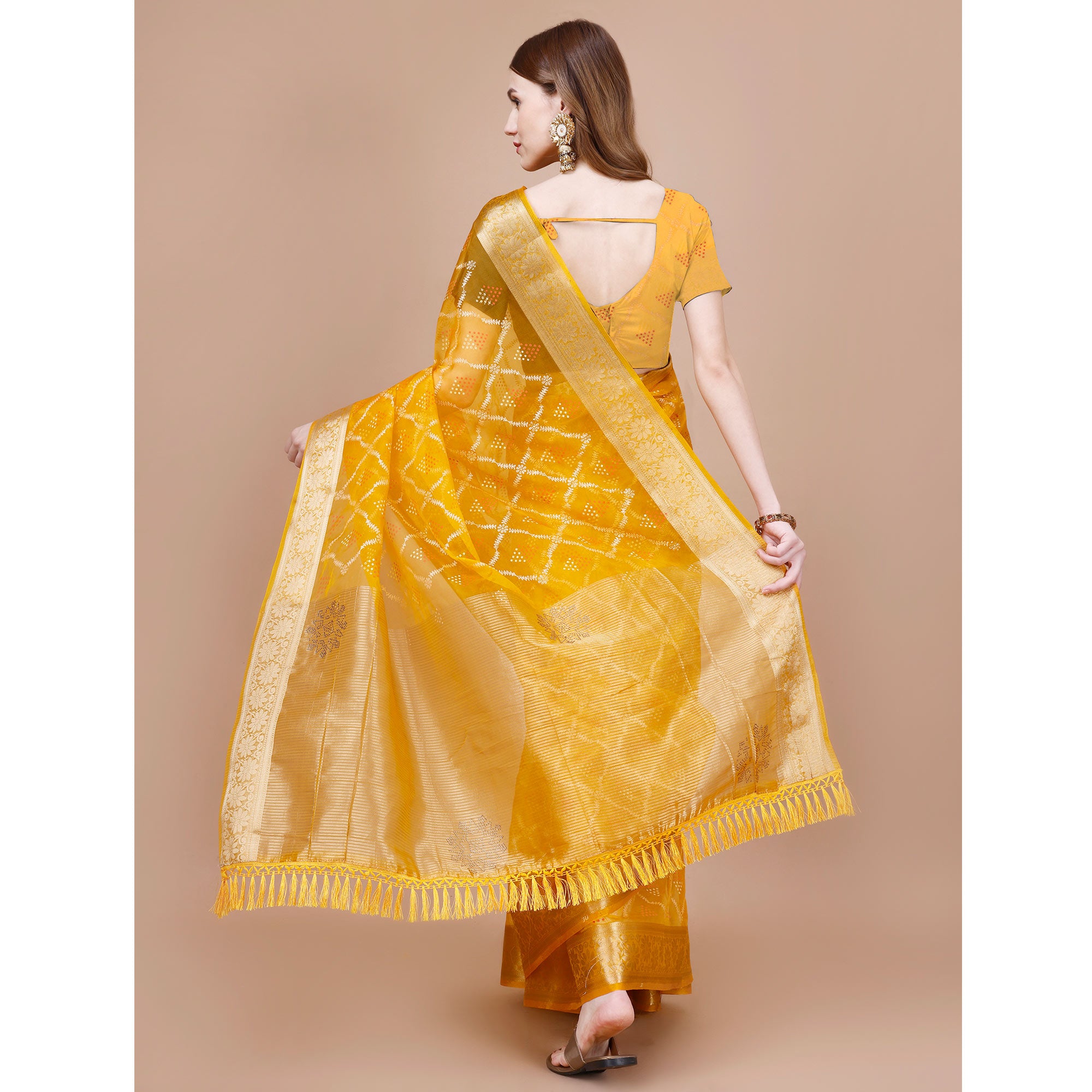 Yellow Bandhani Printed Organza Saree With Woven Border