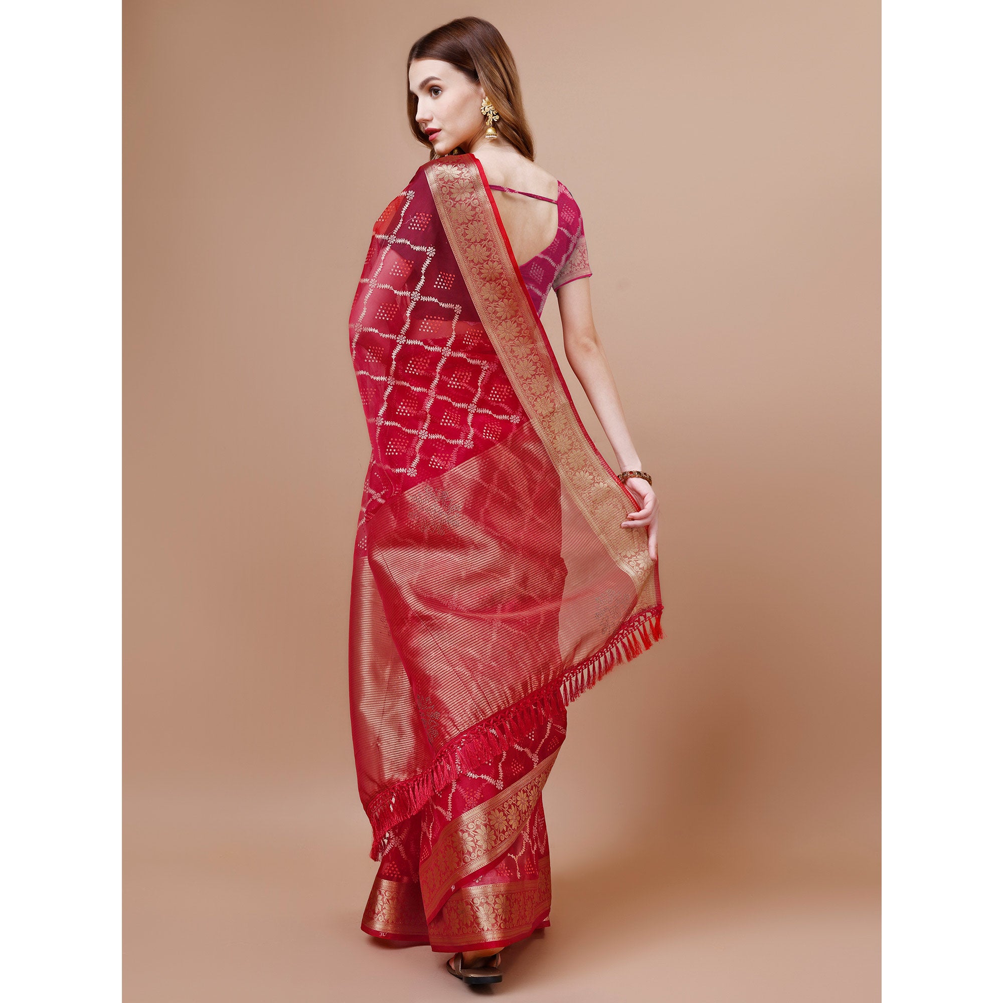 Rani Pink Bandhani Printed Organza Saree With Woven Border