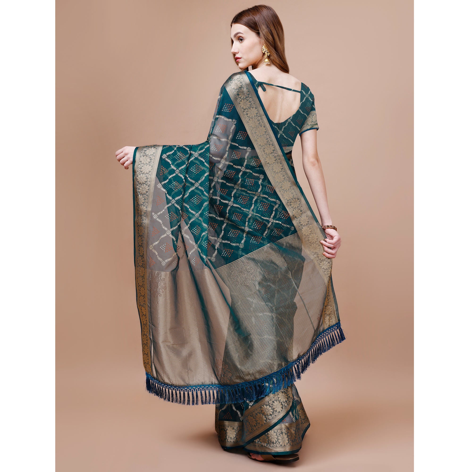 Teal Bandhani Printed Organza Saree With Woven Border