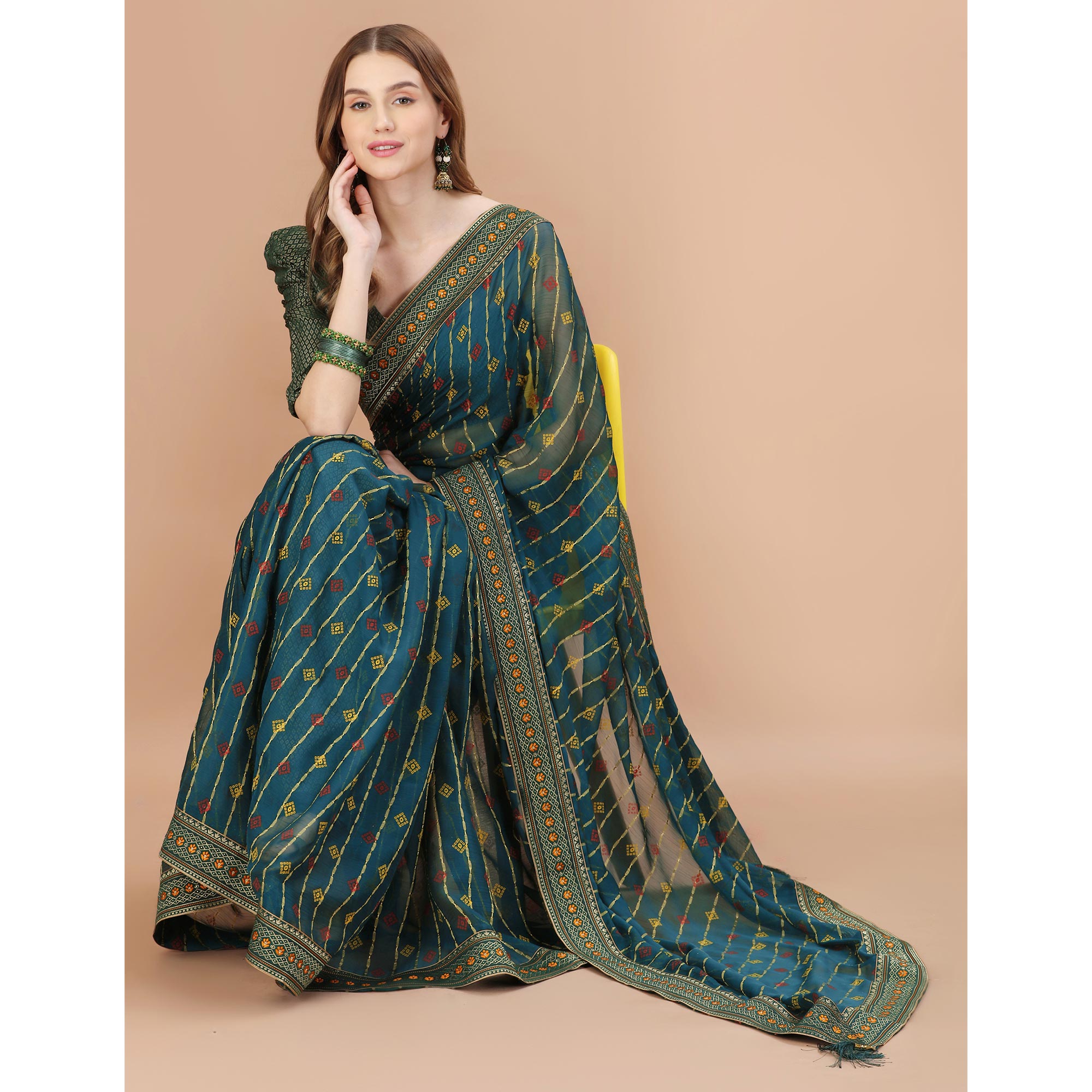 Blue Foil Printed Chiffon Saree With Lace Border