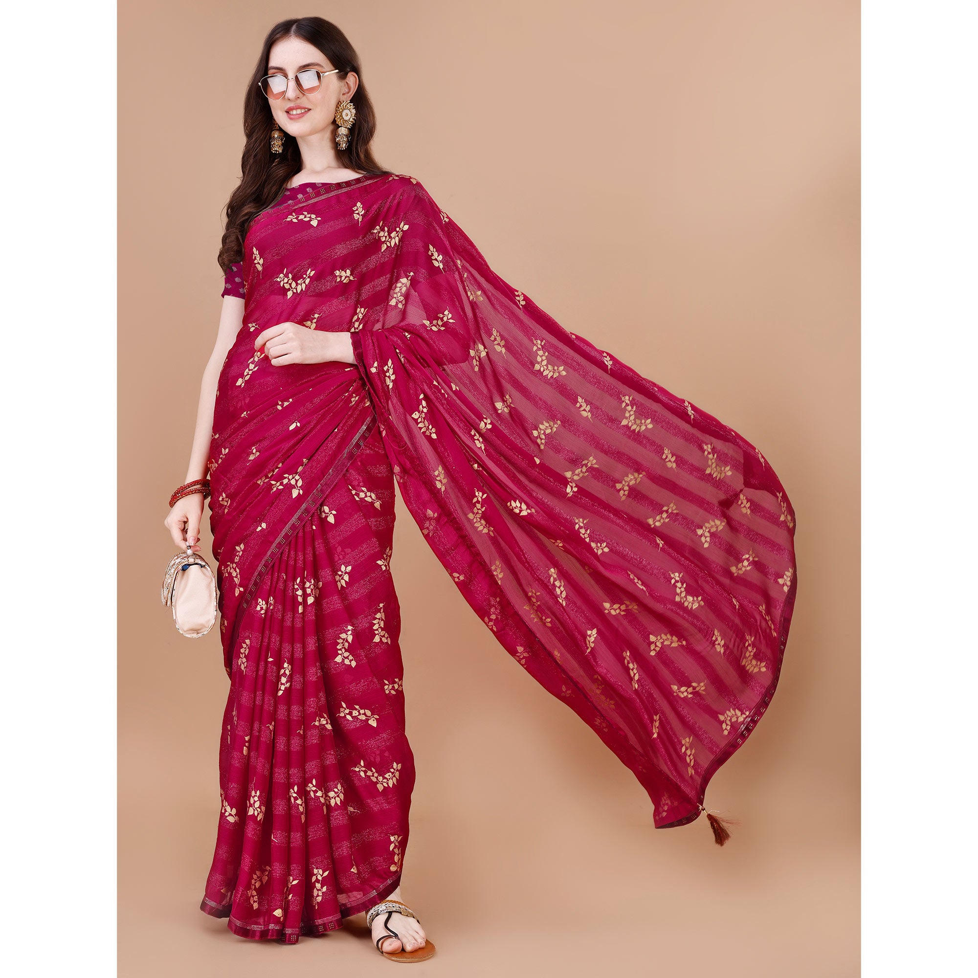 Pink Foil Printed Chiffon Saree With Lace Border