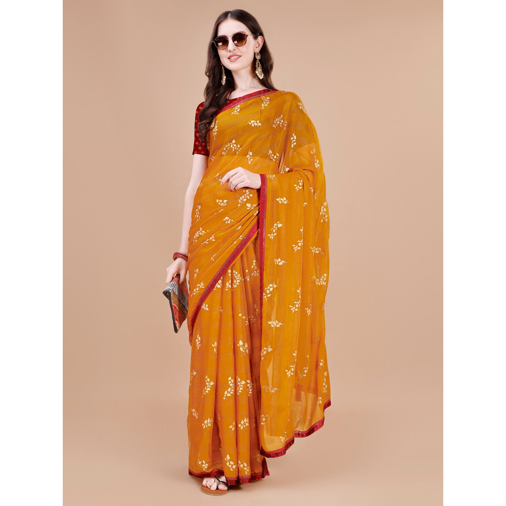 Mustard Foil Printed Chiffon Saree With Lace Border