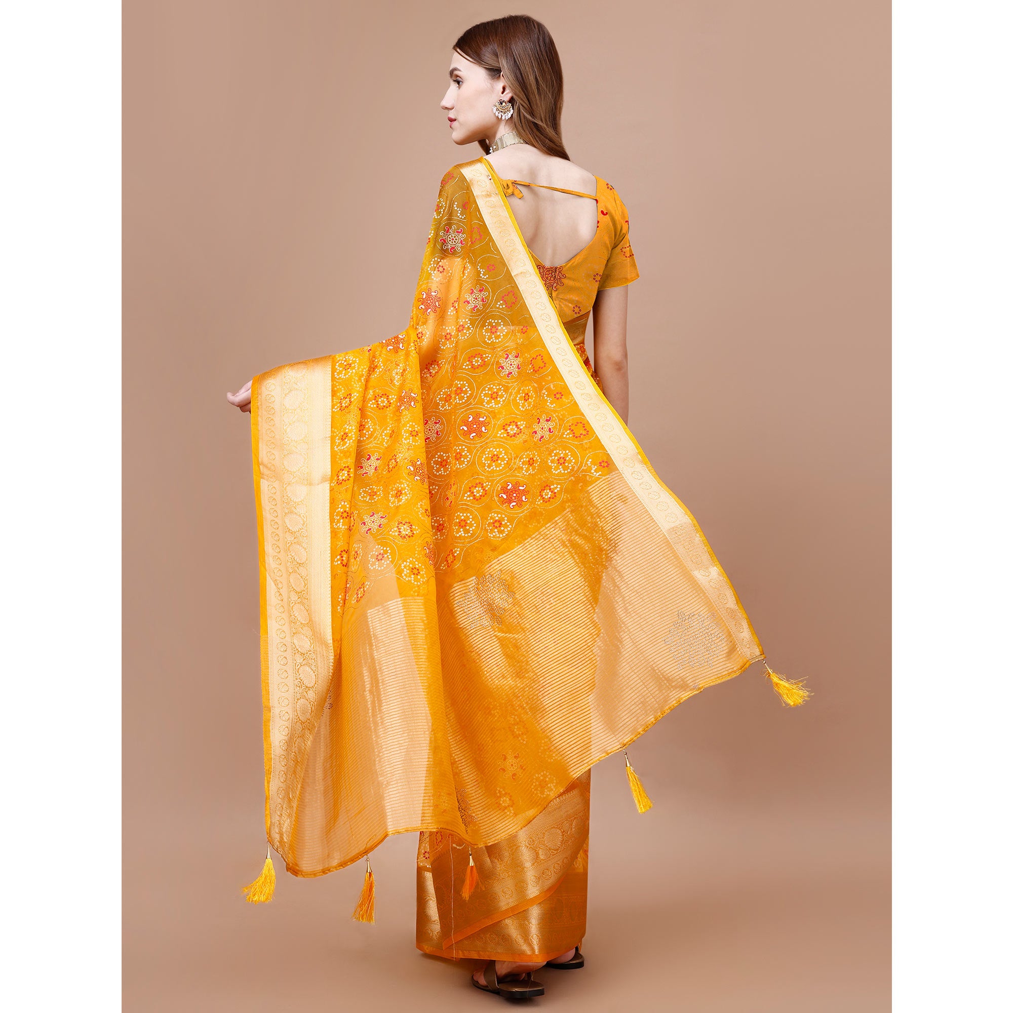 Yellow Bandhani Printed Organza Saree With Woven Border