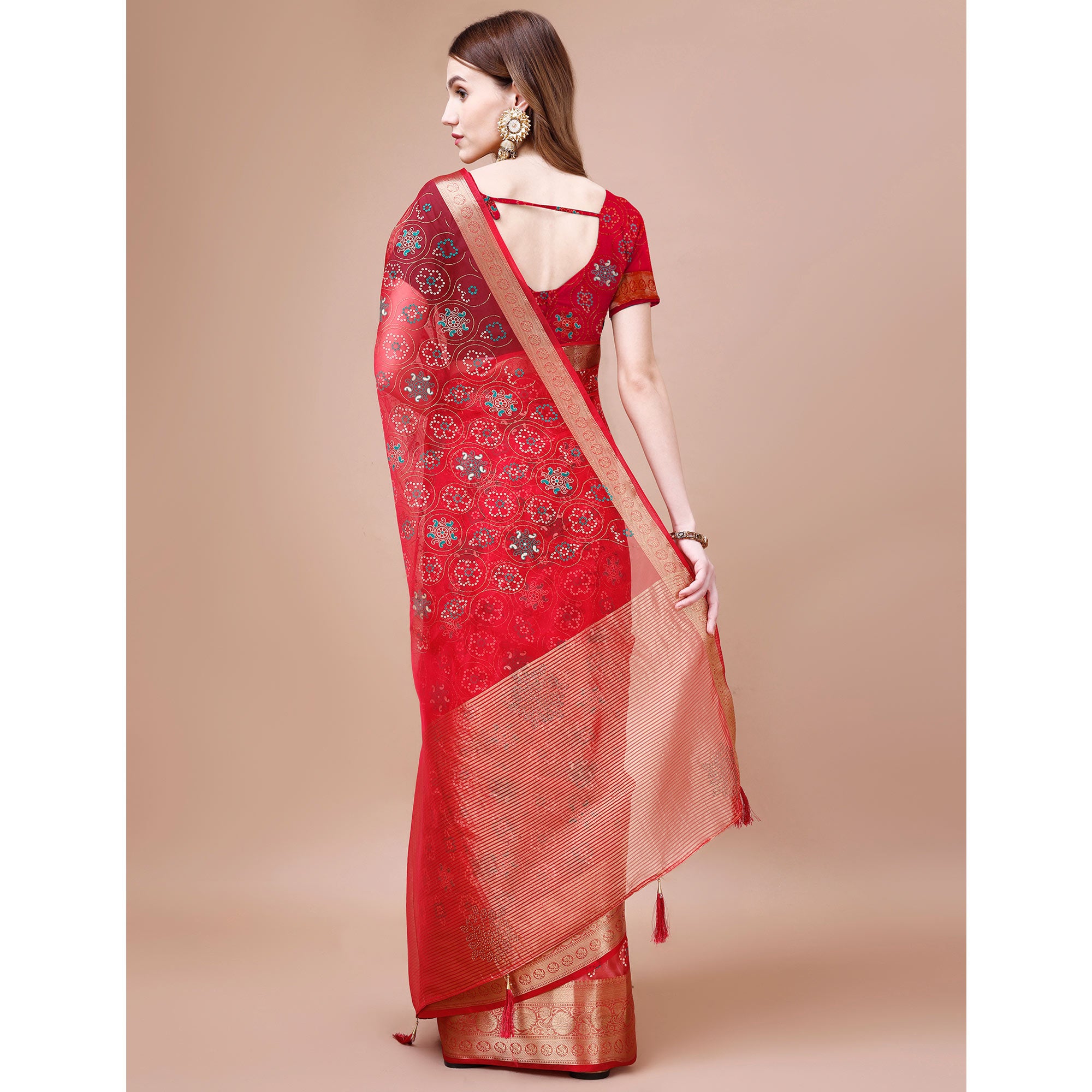 Red Bandhani Printed Organza Saree With Woven Border