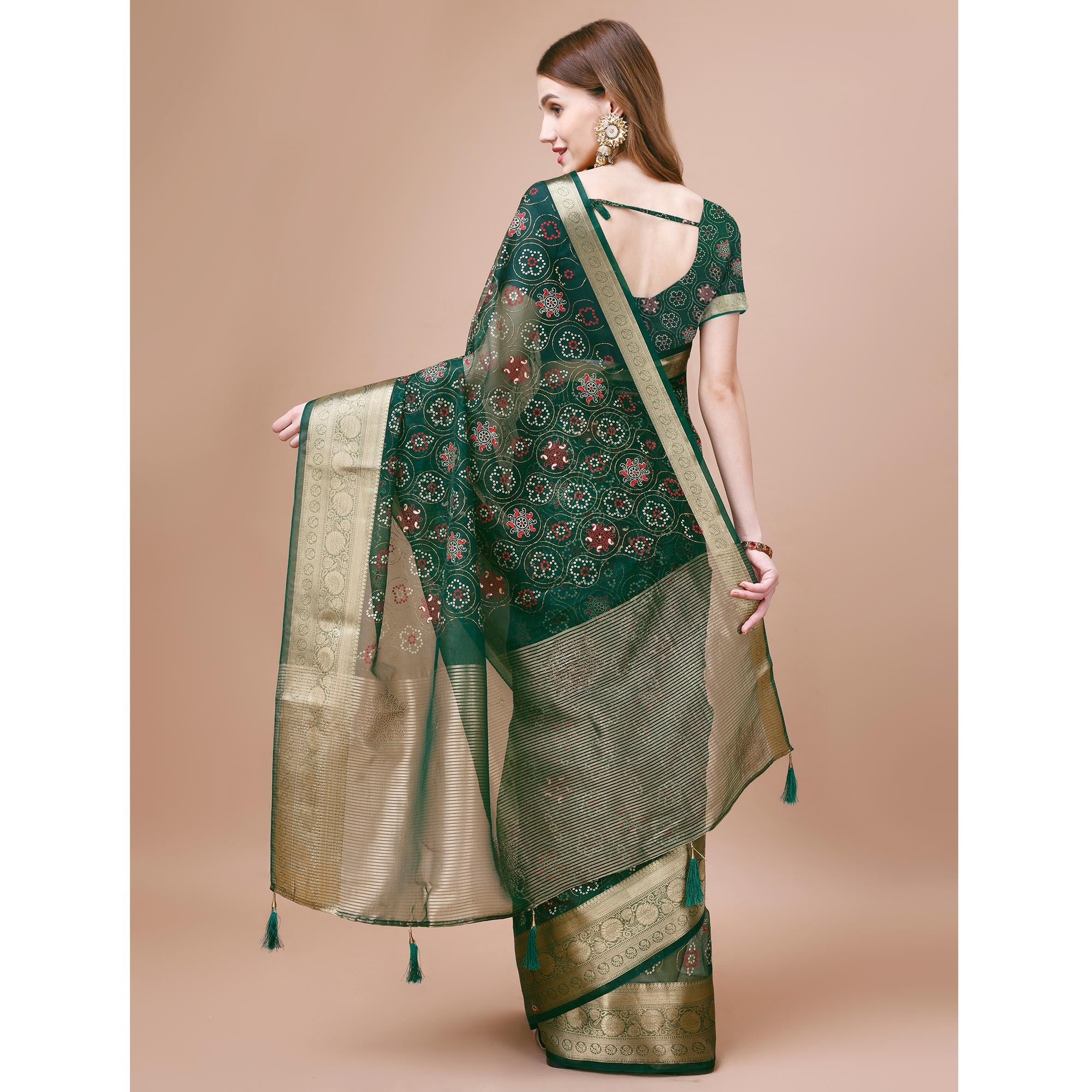 Green Bandhani Printed Organza Saree With Woven Border