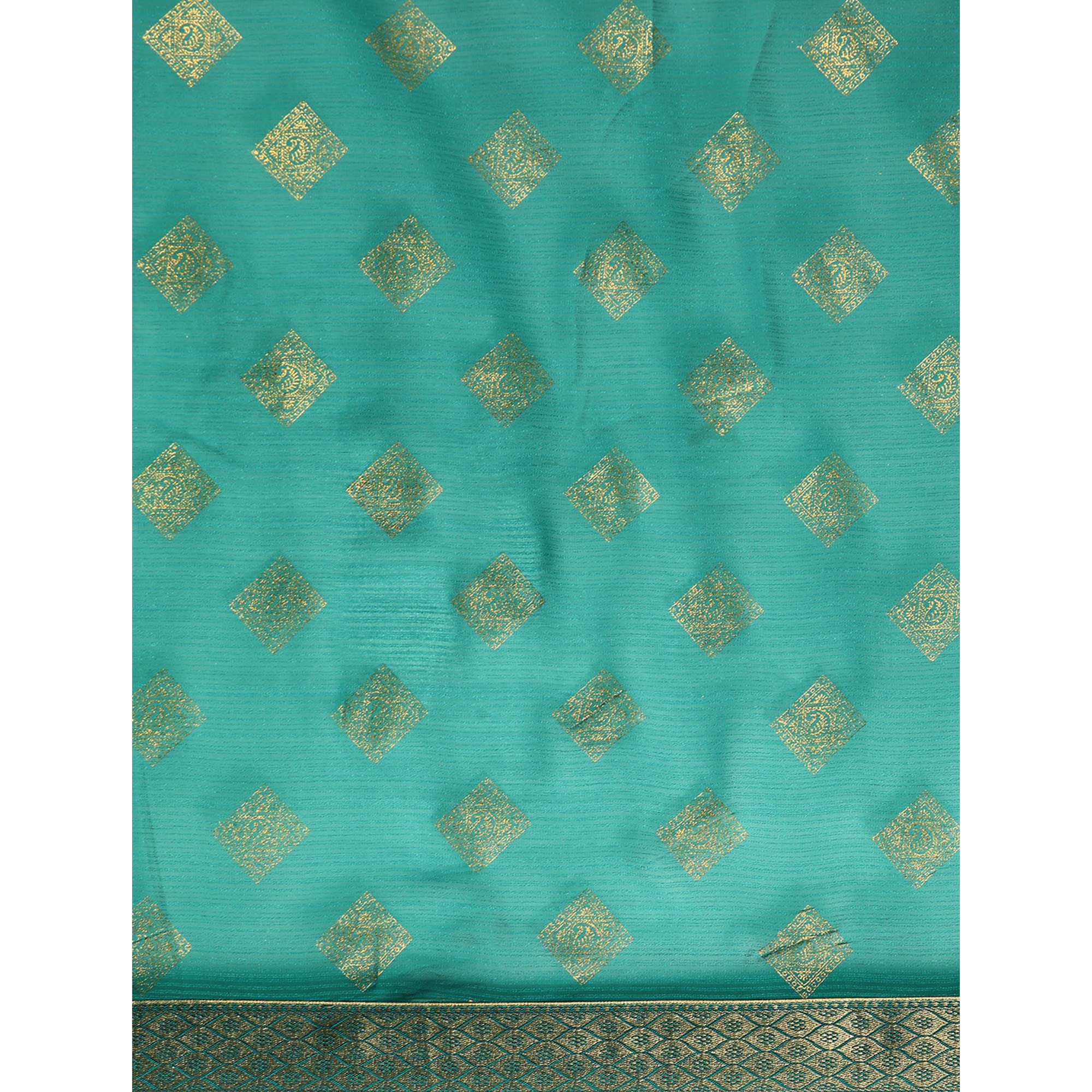 Turquoise Green Foil Printed Chiffon Saree With Tassels