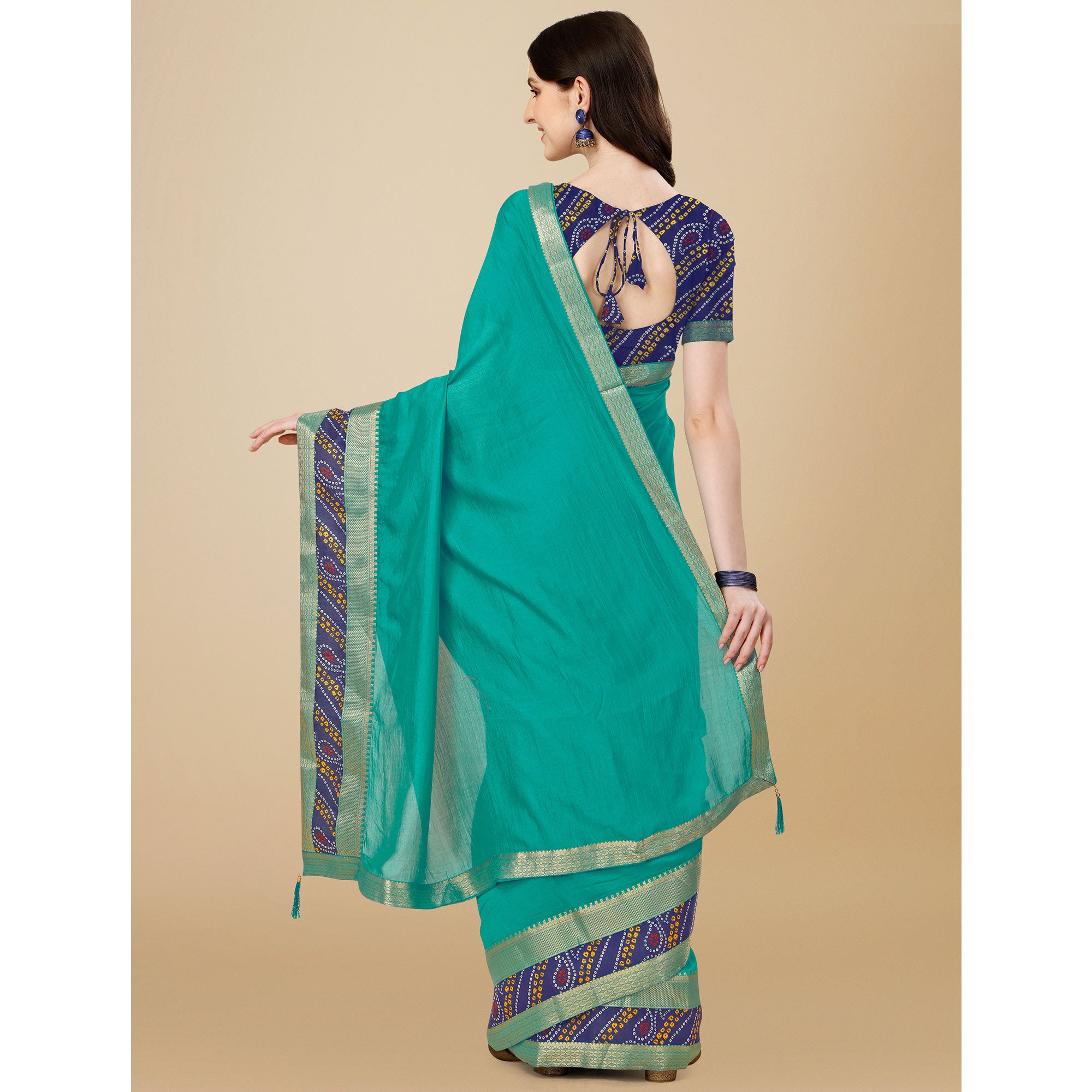 Turquoise Solid Vichitra Silk Saree