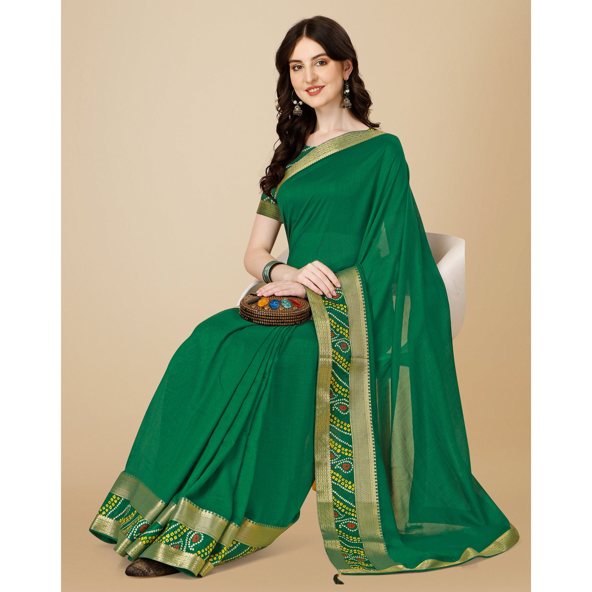 Green Solid Vichitra Silk Saree