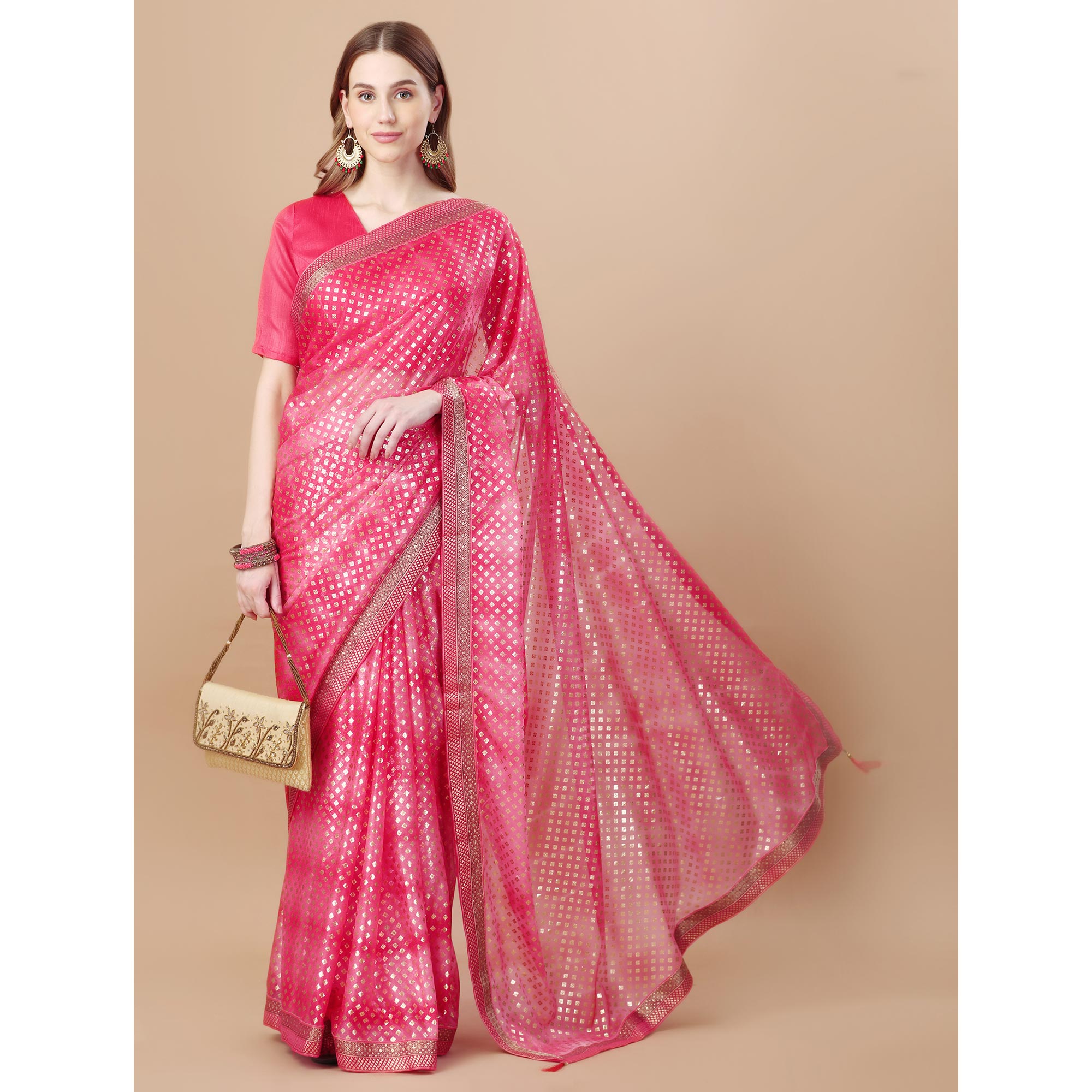 Pink Foil Printed Lycra Saree With Lace Border