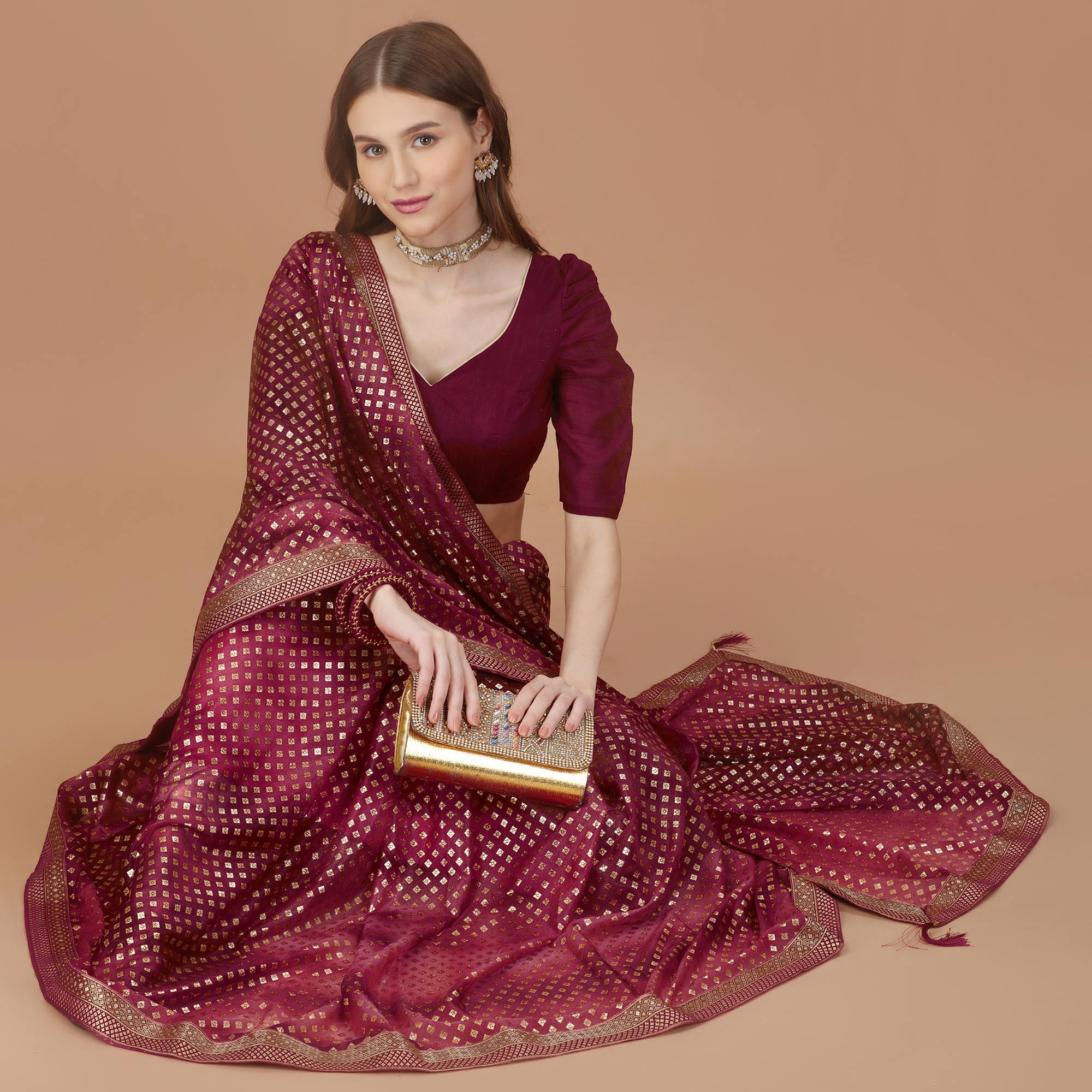 Maroon Foil Printed Lycra Saree With Lace Border