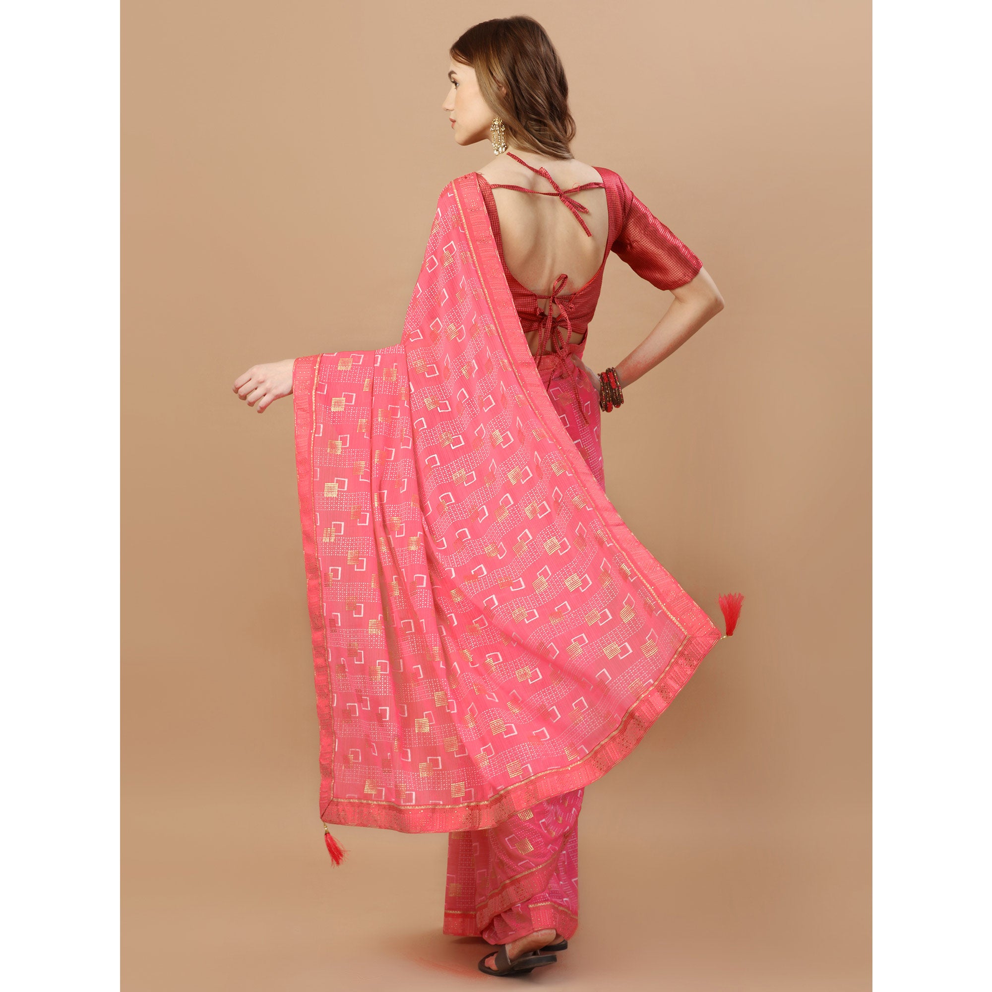 Baby Pink Foil Printed Chiffon Saree With Lace Border