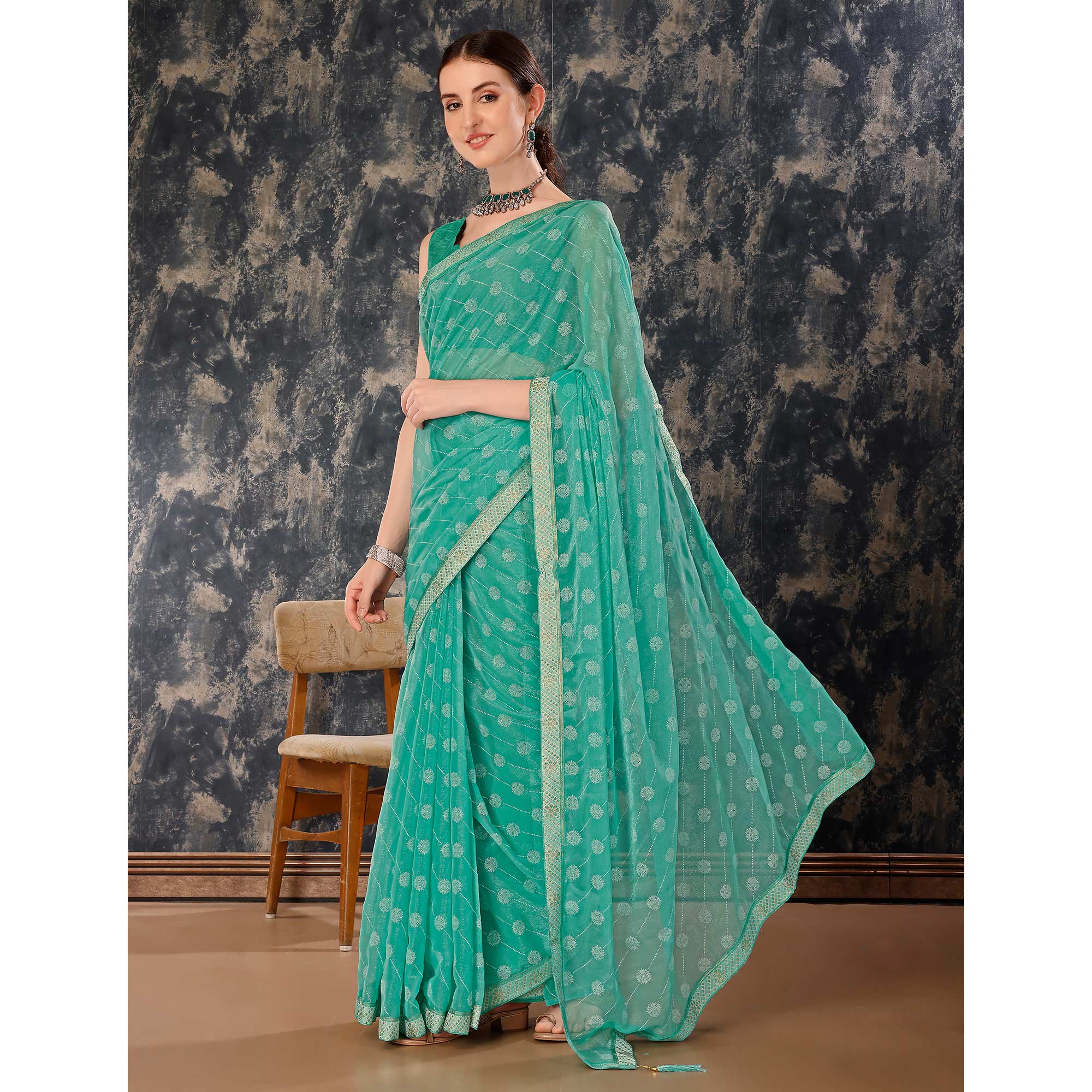 Turquoise Printed Chiffon Saree With Lace Border