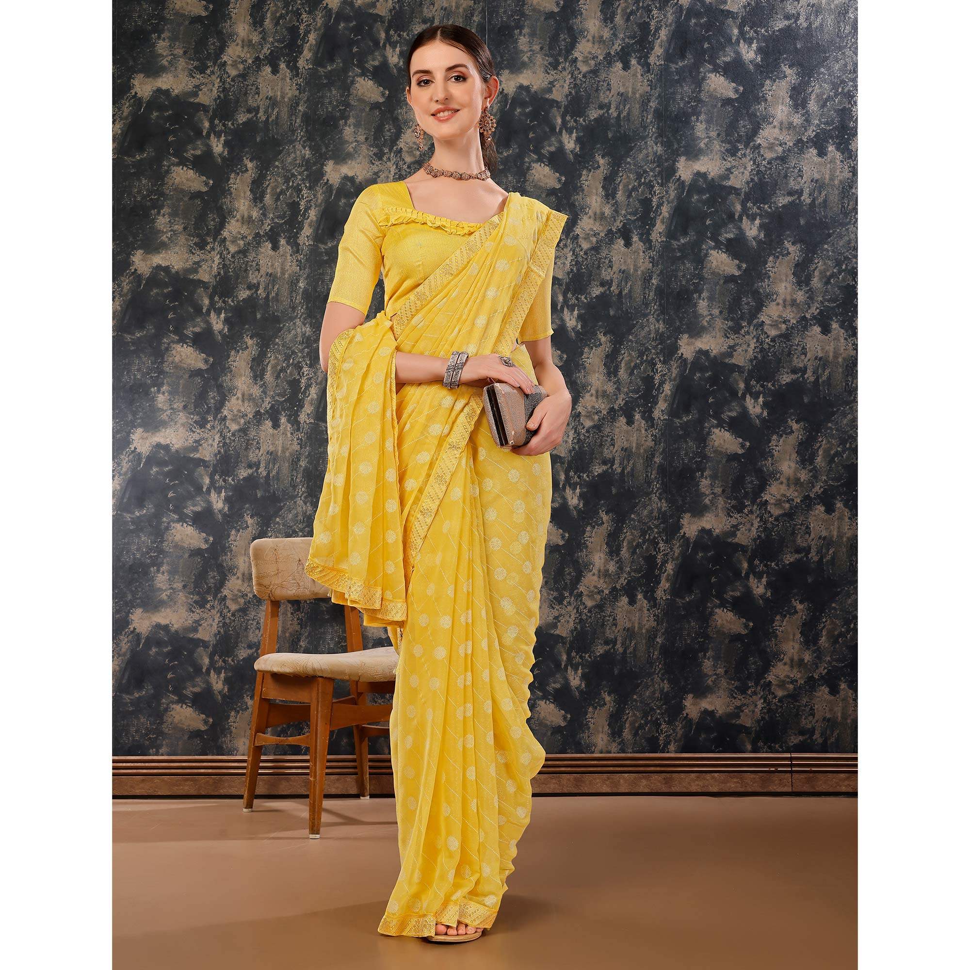 Yellow Printed Chiffon Saree With Lace Border