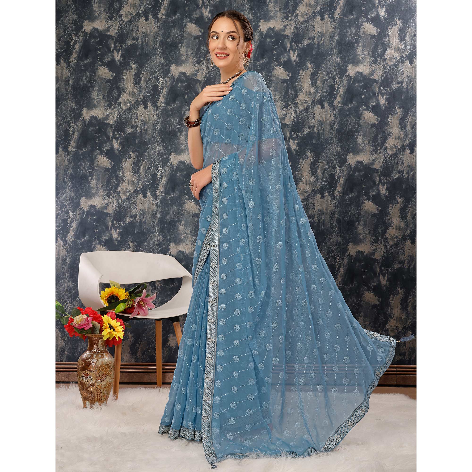 Greyish Blue Printed Chiffon Saree With Lace Border