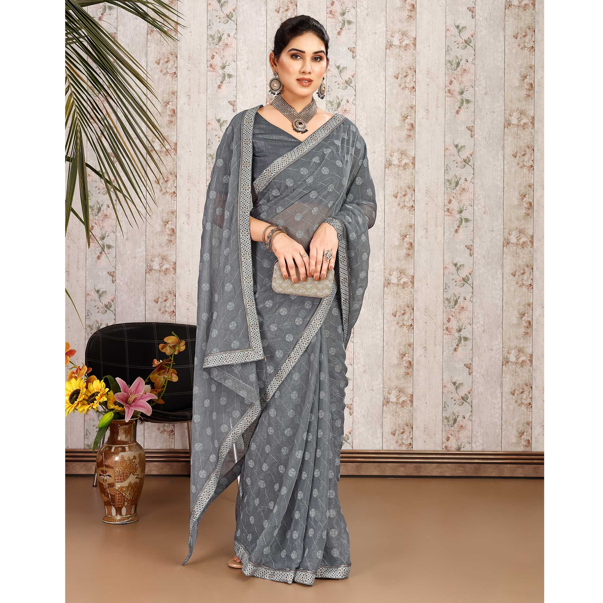 Grey Printed Chiffon Saree With Lace Border