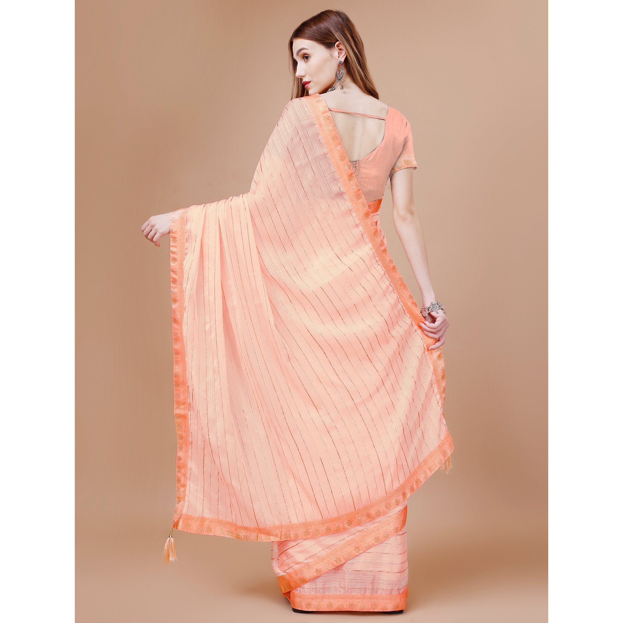 Peach Zari Work Chiffon Saree