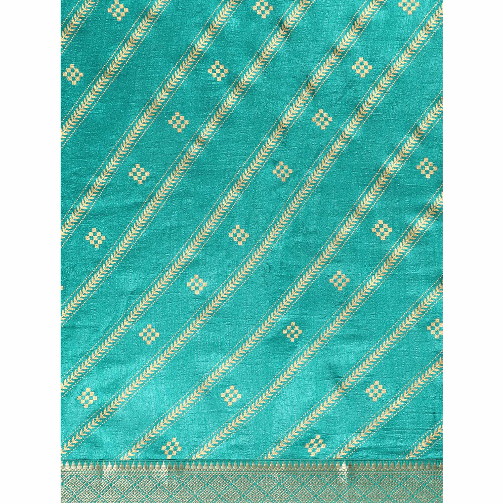 Rama Blue Floral Foil Printed Vichitra Silk Saree