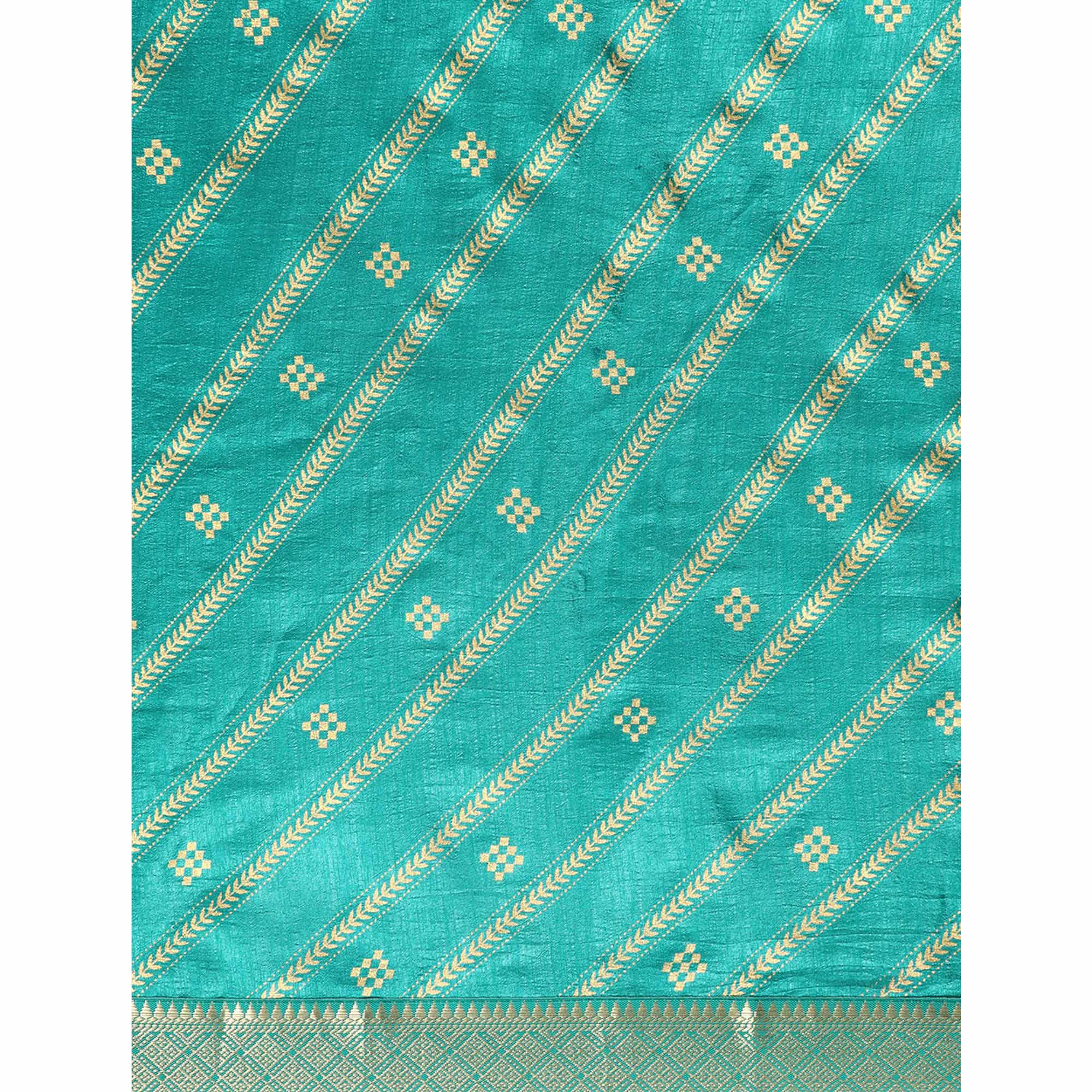 Rama Blue Floral Foil Printed Vichitra Silk Saree