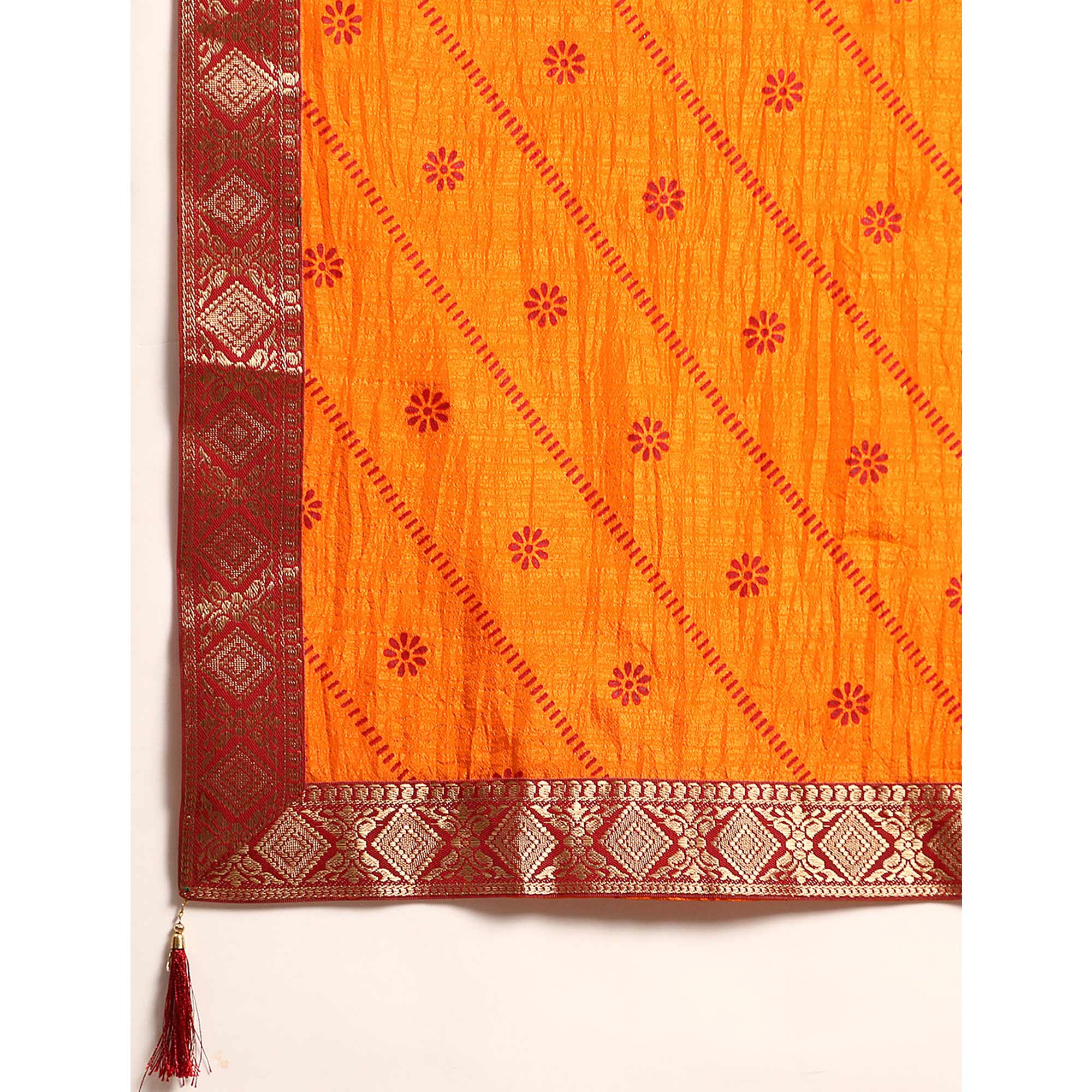 Mustard Floral Foil Printed Vichitra Silk Saree
