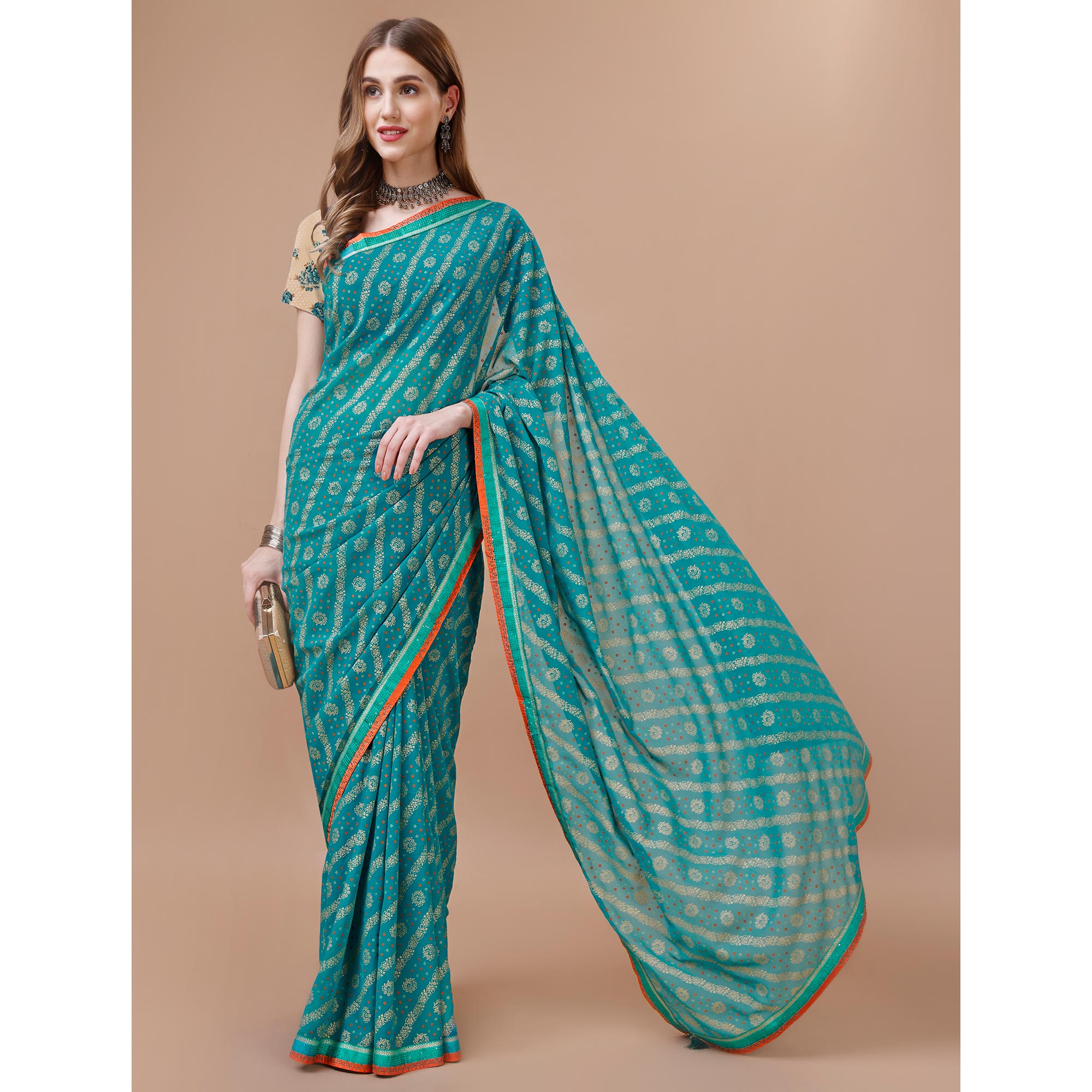 Rama Blue Floral Foil Printed Chiffon Saree With Lace Border