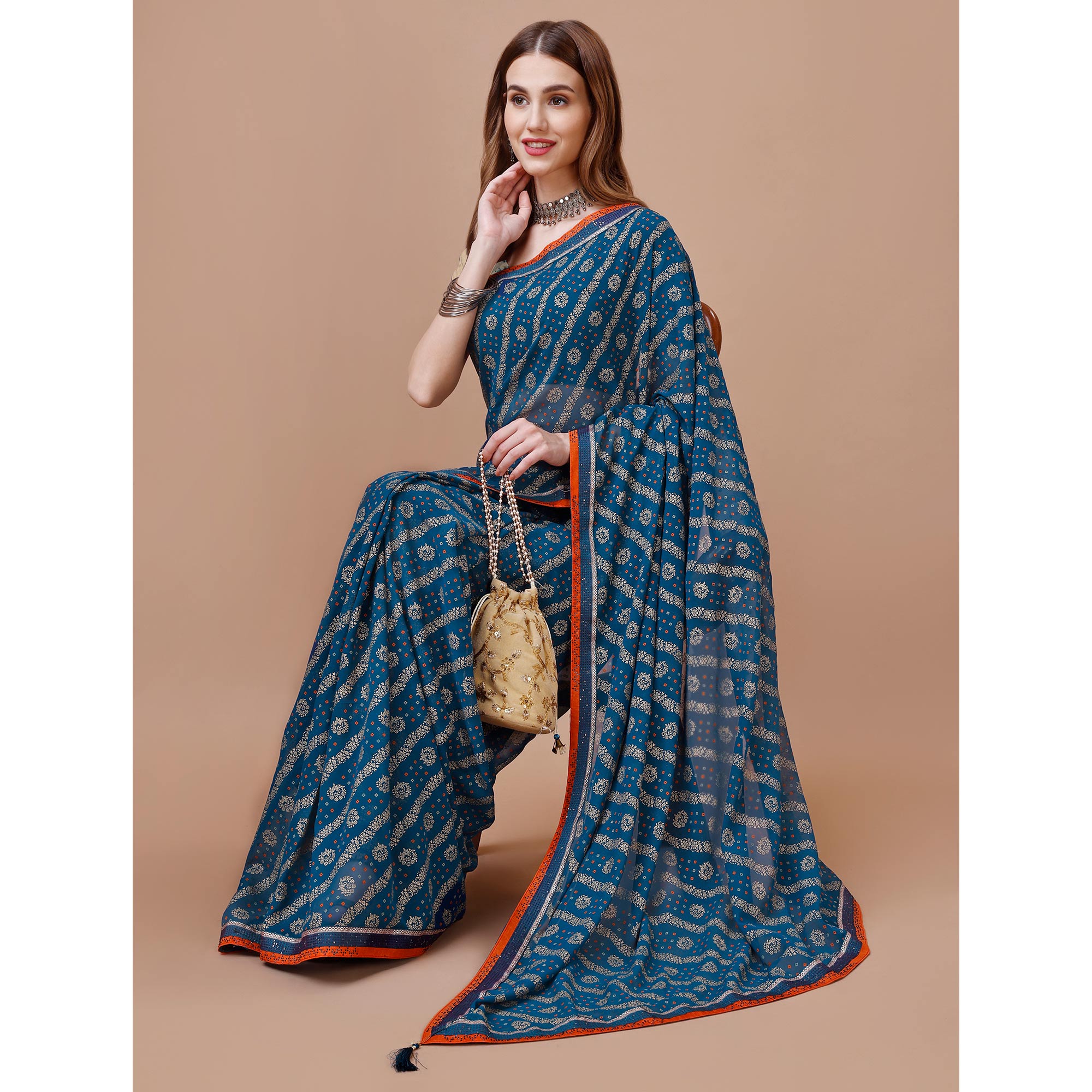 Blue Floral Foil Printed Chiffon Saree With Lace Border