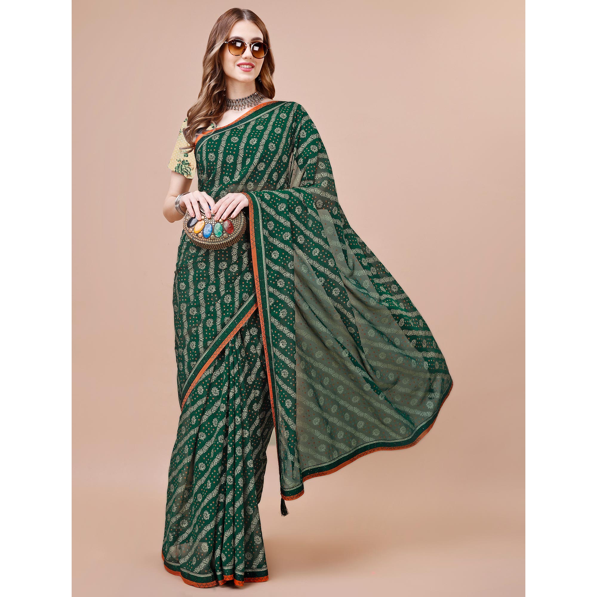 Green Floral Foil Printed Chiffon Saree With Lace Border